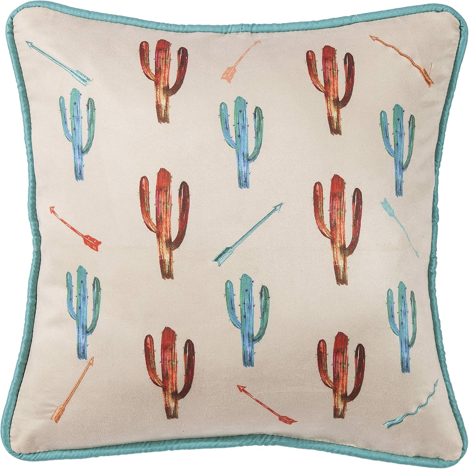 Paseo Road Serape Rustic Decorative Throw Pillow, 18x18 inch, Turquoise Orange Cactus and Arrows Southwestern Accent Pillow for Bed, Couch, Sofa