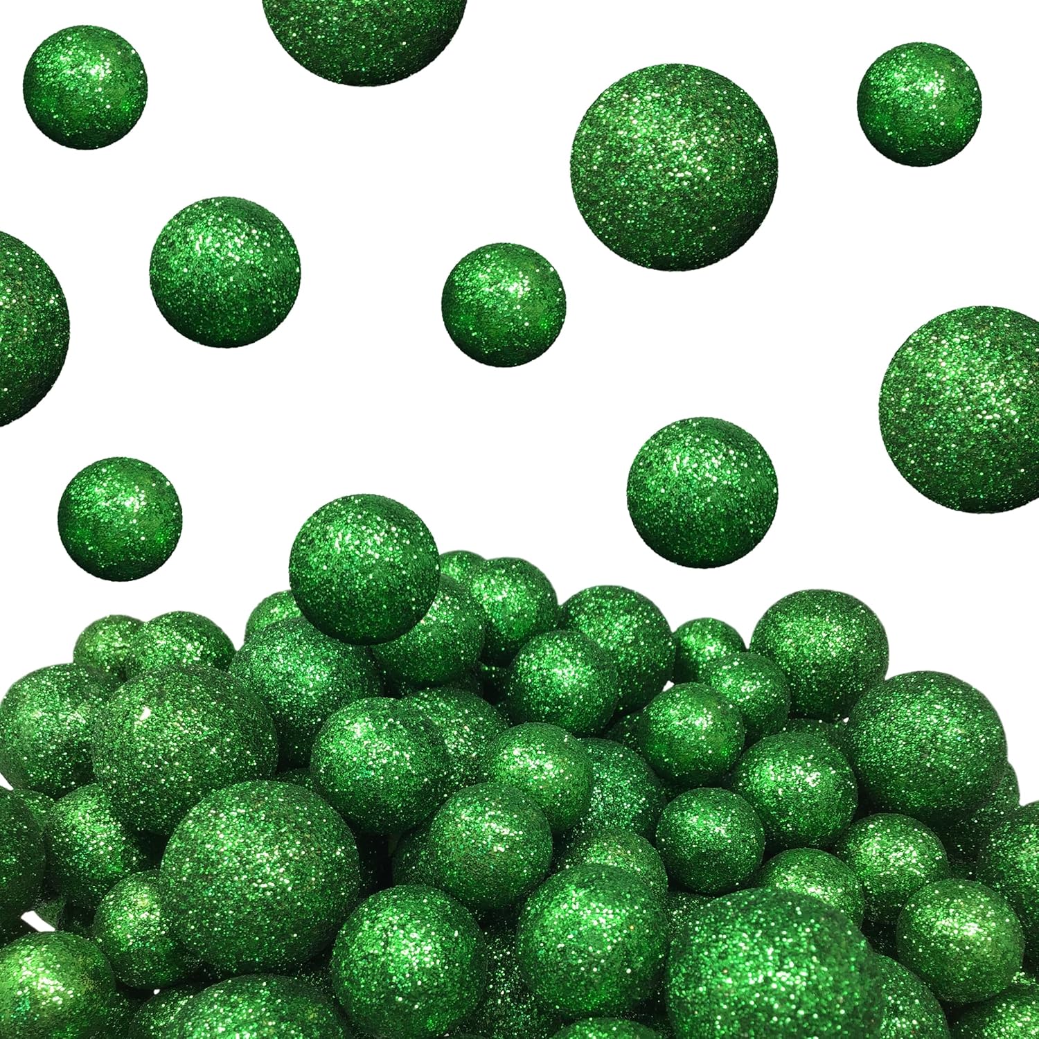 Foam Balls for Crafts - Green Glittered - About 1250 Glitter Vase Filler Decorative Balls - Table Scatter Decorations - Green Party Décor - 3/8" to 3/4"