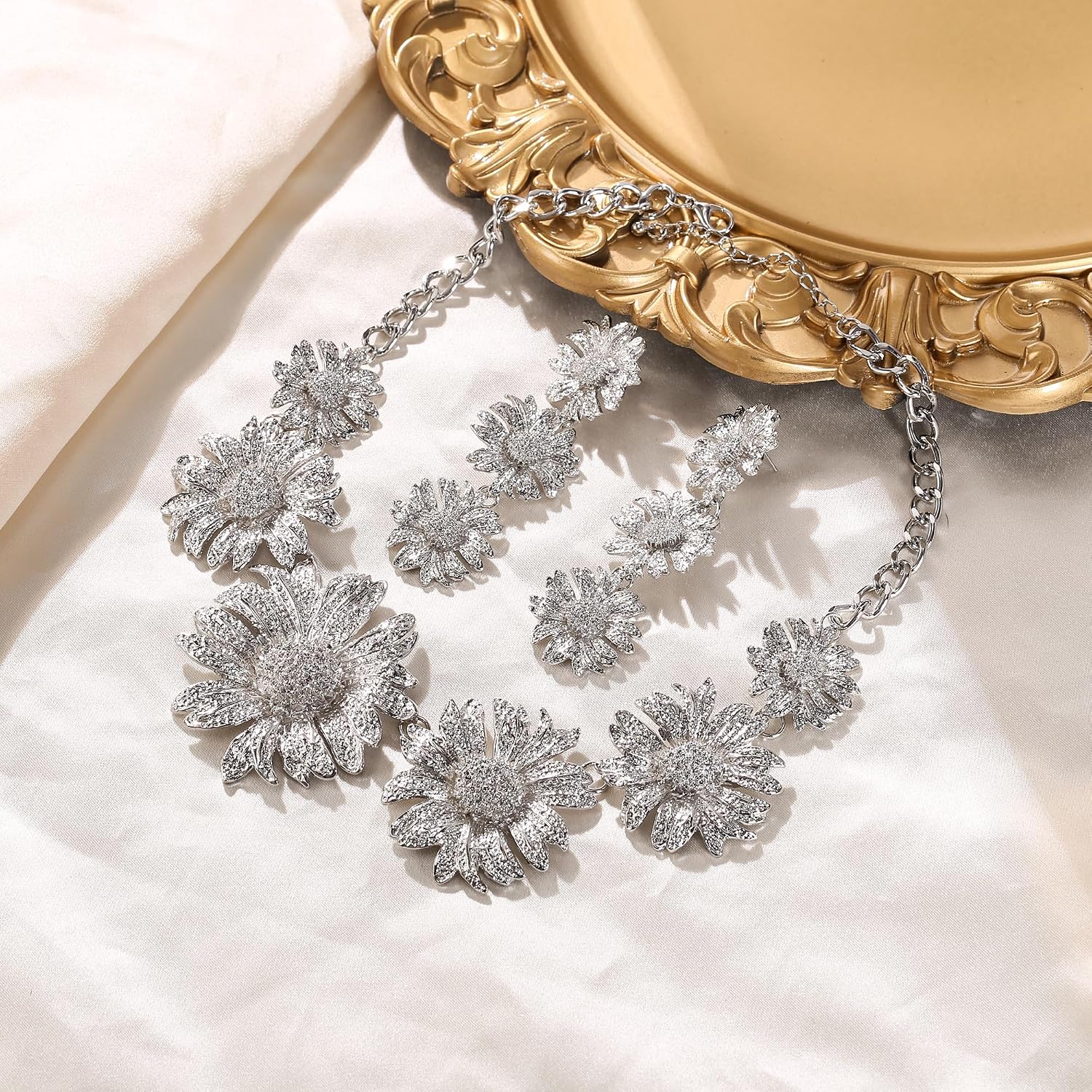 Flyonce Sunflower Jewelry Set for Women, Summer Beach Vintage Metallic Daisy Flower Choker Necklace Earrings Sets