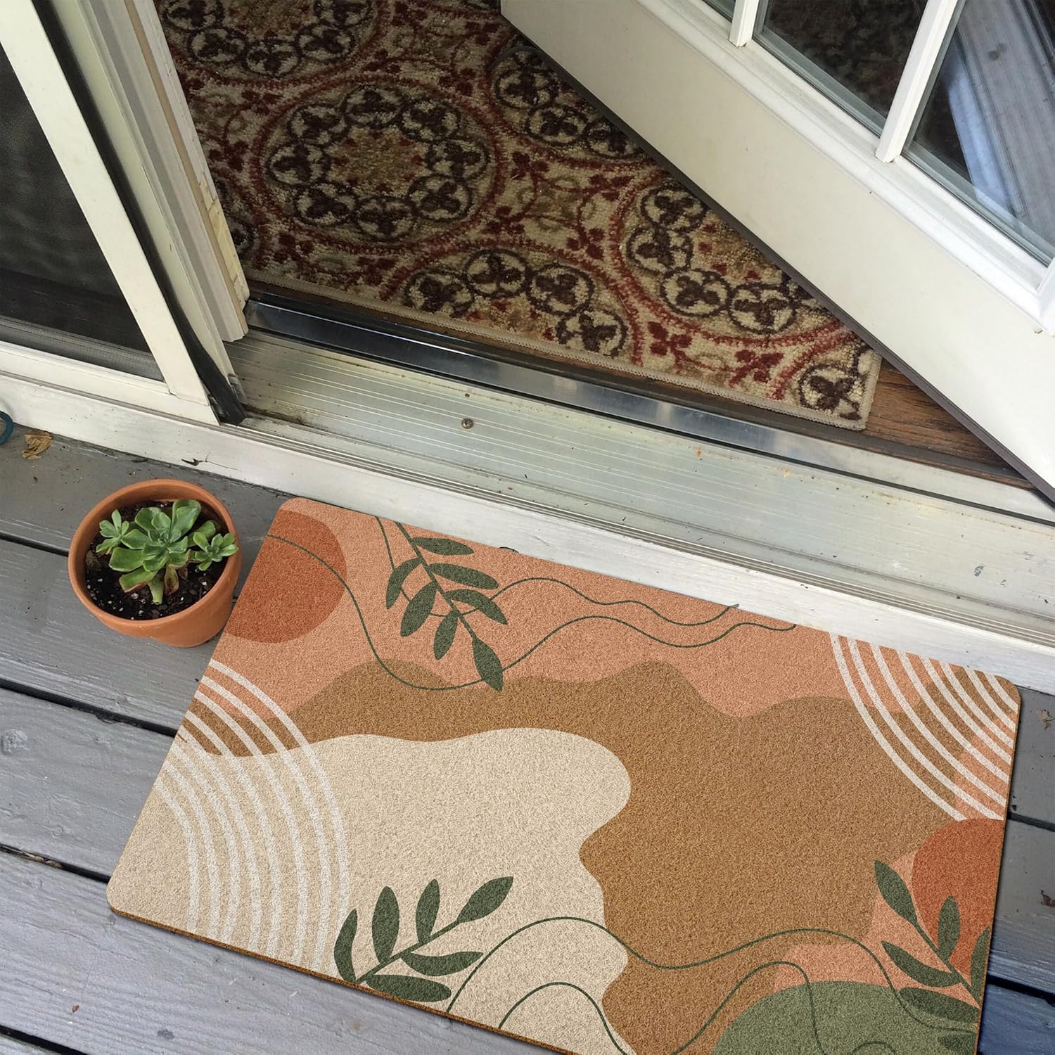 Boho Door Mat, Modern Abstract Minimalist Botanical Welcome Front Door Mat Indoor Outdoor Entrance, Boho Artificial Coir Doormats Rugs for Porch Patio Entryway Home Decor 30x17in