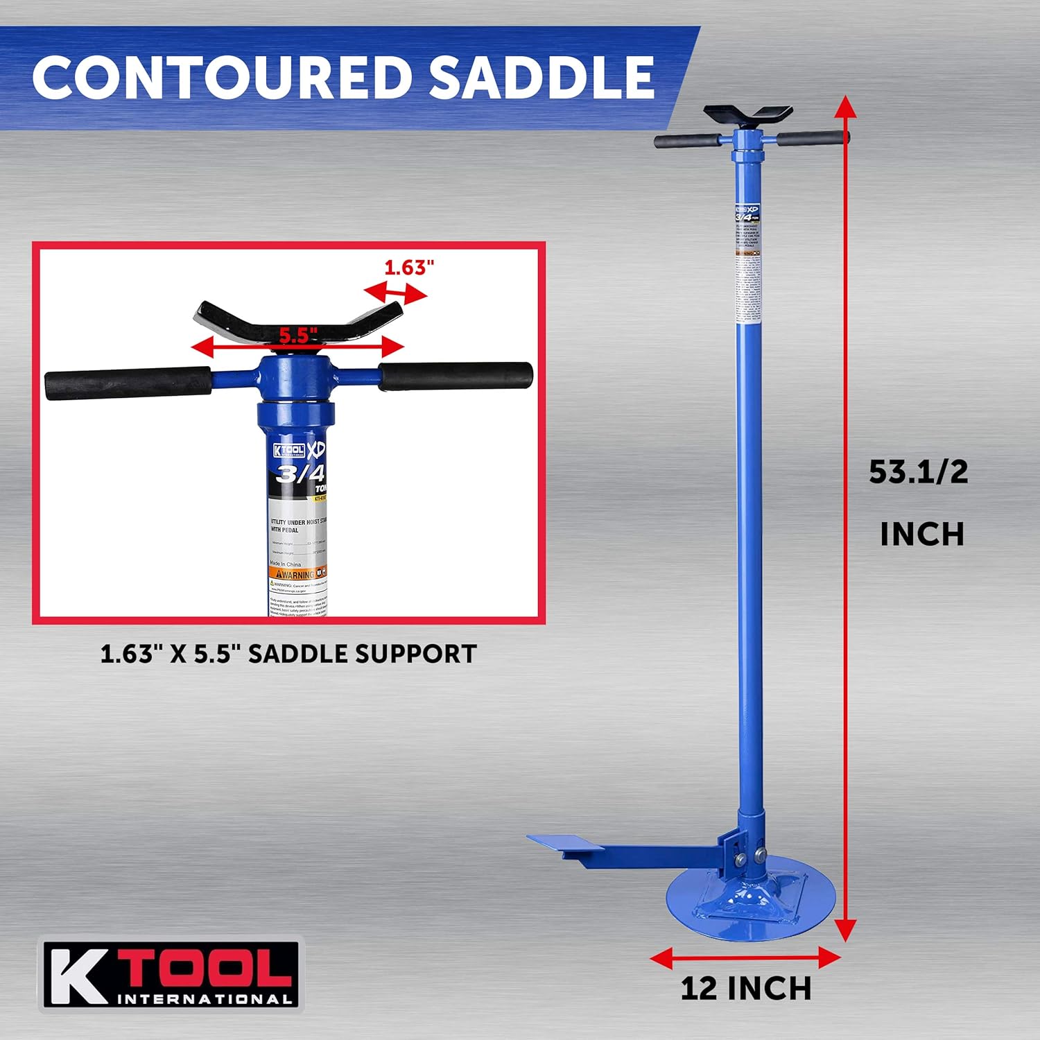 K-Tool International Utility Underhoist Support Stand with Pedal XD, 3/4 Ton Capacity, Range of 53 1/2" to 80", 12 inch Diameter Large Base, Spin Handle; KTI61077
