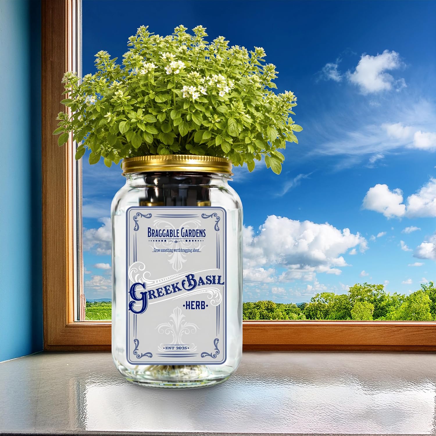Braggable Gardens Greek Basil Indoor Herb Garden Kit – Mason Jar Hydroponic Grow Kit – Windowsill Countertop Basil Planter – Grow Fresh Basil Indoors