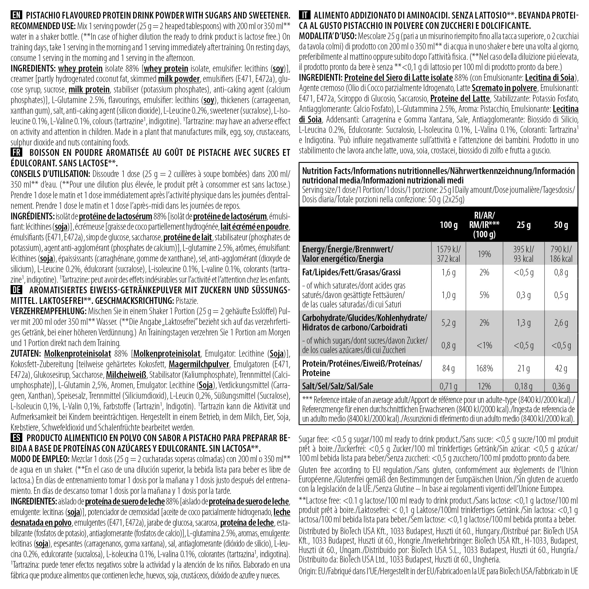 BioTechUSA Iso Whey Zero | Glutine, Senza Zucchero | Lattosio Ridotto | Proteine del siero di latte isolate di alta qualità, 1,816 kg, pistacchio