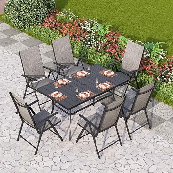 PHI VILLA Patio Dining Set for 6, Outdoor Dining Table and Chairs Furniture Set with Adjustable Foldable Patio Dining Chairs Gray & Metal Steel Table for Garden