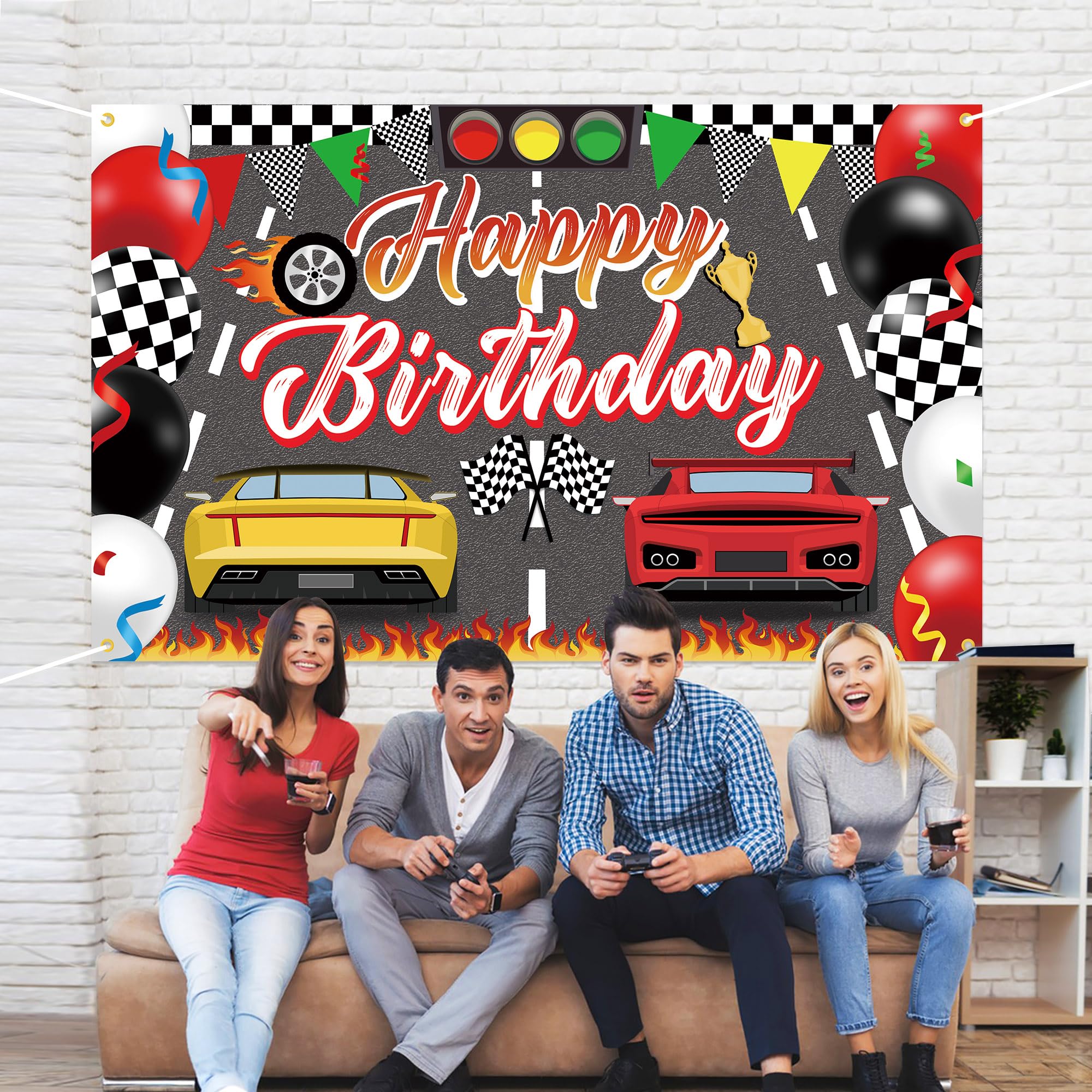Samochody wyścigowe Happy Birthday Dekoracje Tło Baner, Samochód Wyścigowy Szybkie Dekoracje Na Imprezę Urodzinową Tło Zdjęcie Tło na Przyjęcie Urodzinowe Chłopcy Dzieci Mężczyźni Uroczystość, 150 x