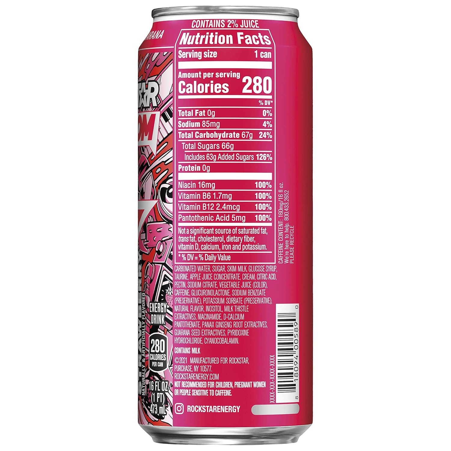 Rockstar Boom Energy Drink, Whipped Strawberry, with Caffeine and Taurine, 16oz Cans (24 Pack) (Packaging May Vary)