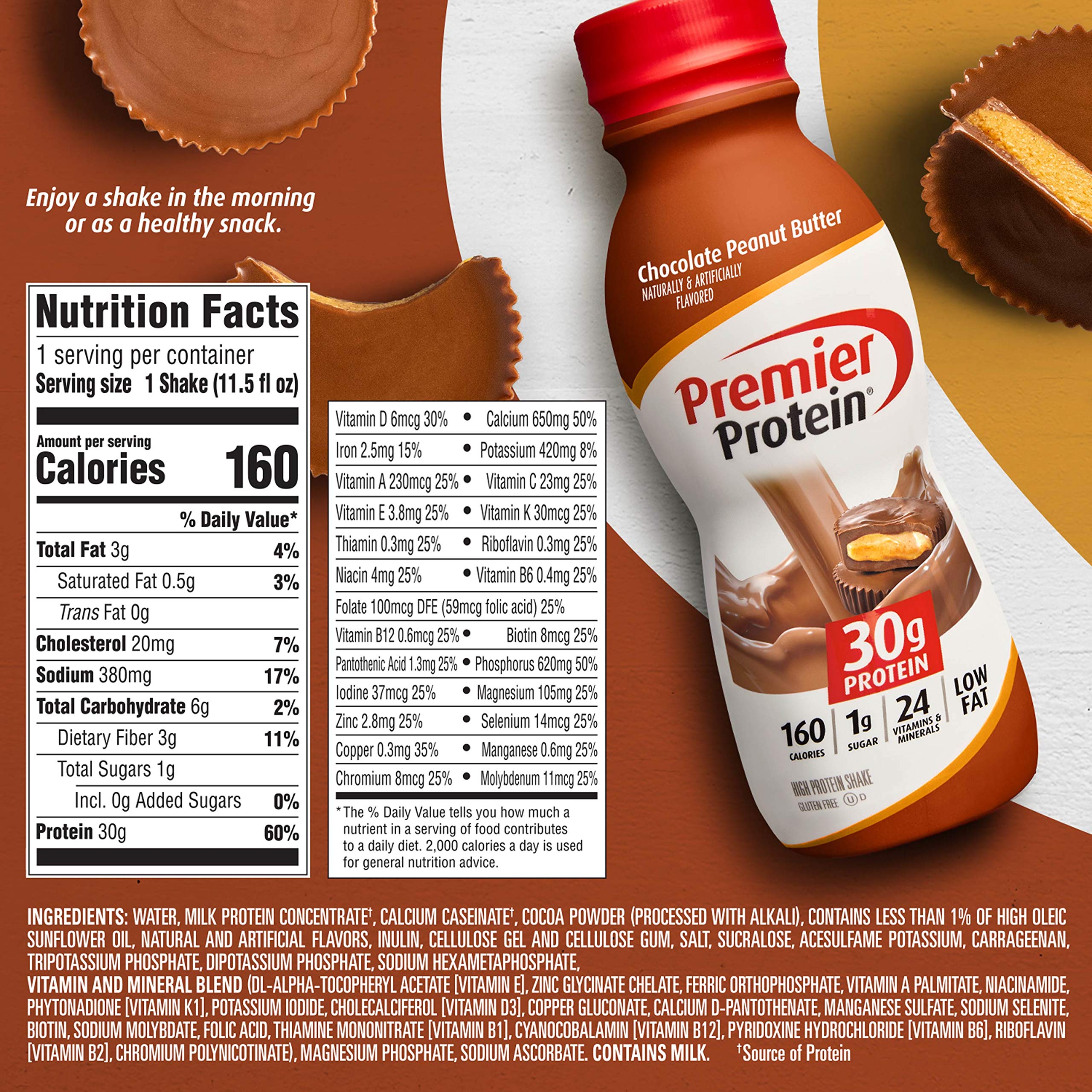 Premier Protein Shake, Chocolate Peanut Butter, 30g Protein, 1g Sugar, 24 Vitamins & Minerals, Nutrients to Support Immune Health, 11.5 Fl Oz, Pack of ...
