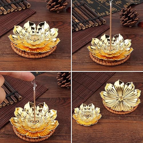 Miniatura 5 de sansheng Paquete de 2 soportes para incienso de loto 3-13 pulgadas soportes para varillas de incienso marrón dorado