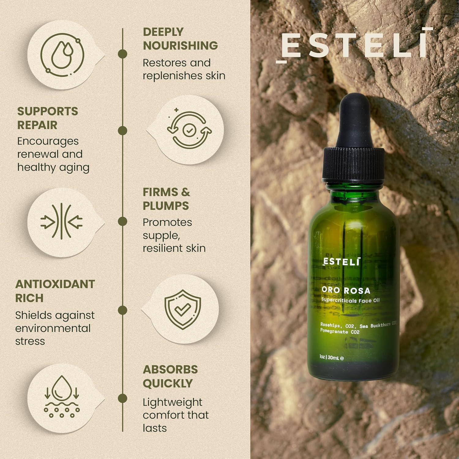 ESTELÍ – Oro Rosa Supercriticals Face Oil – Antioxidant-Rich Botanical Blend with Rosehip, Sea Buckthorn & Golden Jojoba Oil – Fast-Absorbing, Hydrating & Firming Facial Essence – Vegan & Clean - Image 4