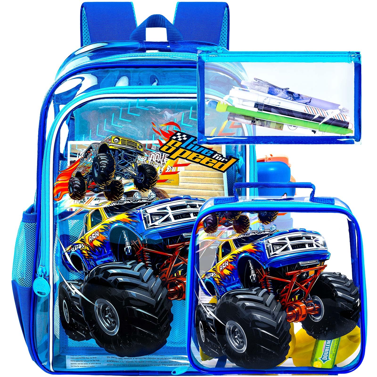 3PCS Clear Backpack for Girls and Boys, Unicorn Cat Transparent Bookbag, See Through School Bag for Kids Elementary