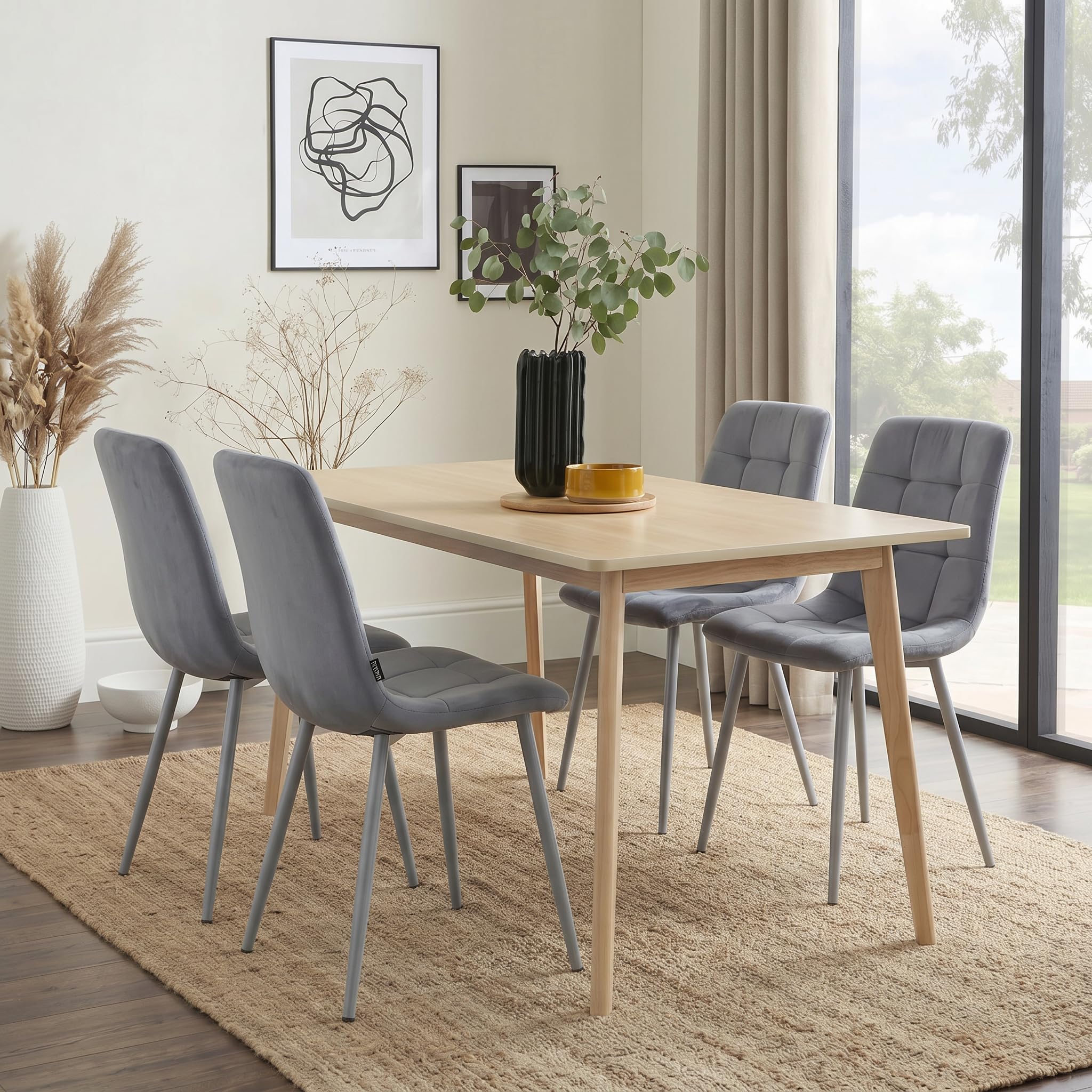 ATHATH Dining Table and Chairs Set 4 - Space Saving Kitchen Table with 4 Grey Velvet Dining Chairs - Modern 4 Seater Kitchen Room Furniture Set - 120 x 70 x 75 cm