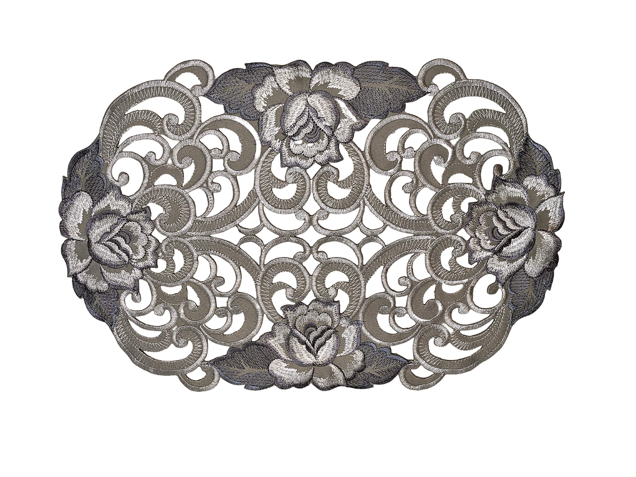 Doily Boutique Place Mat or Doily with Cutwork Gray and Silver Roses on Material Size 17 x 11 inches