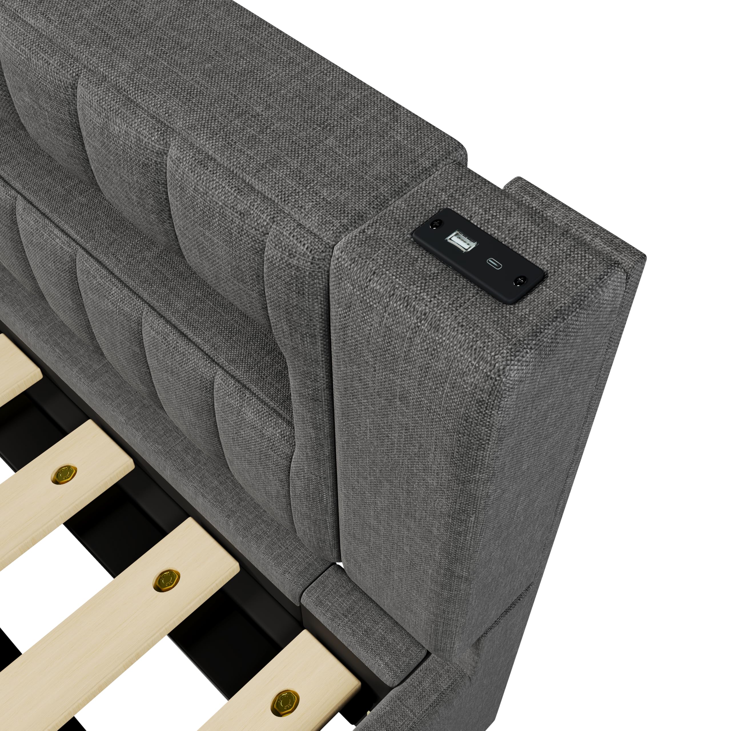 Sofá Cama Individual 90x200 cm, Gris, con Somier, Espacio de Almacenaje Hidráulico, Iluminación LED y App, Puerto USB + Tipo-C, Tejido de Lino, para Niños y Adultos, Sin Colchón