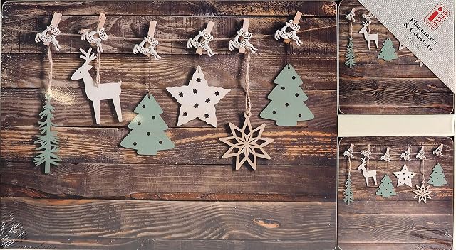 Woodland Reindeer Christmas Place Mats and Coaster Set 8 Piece Set Premium Quality
