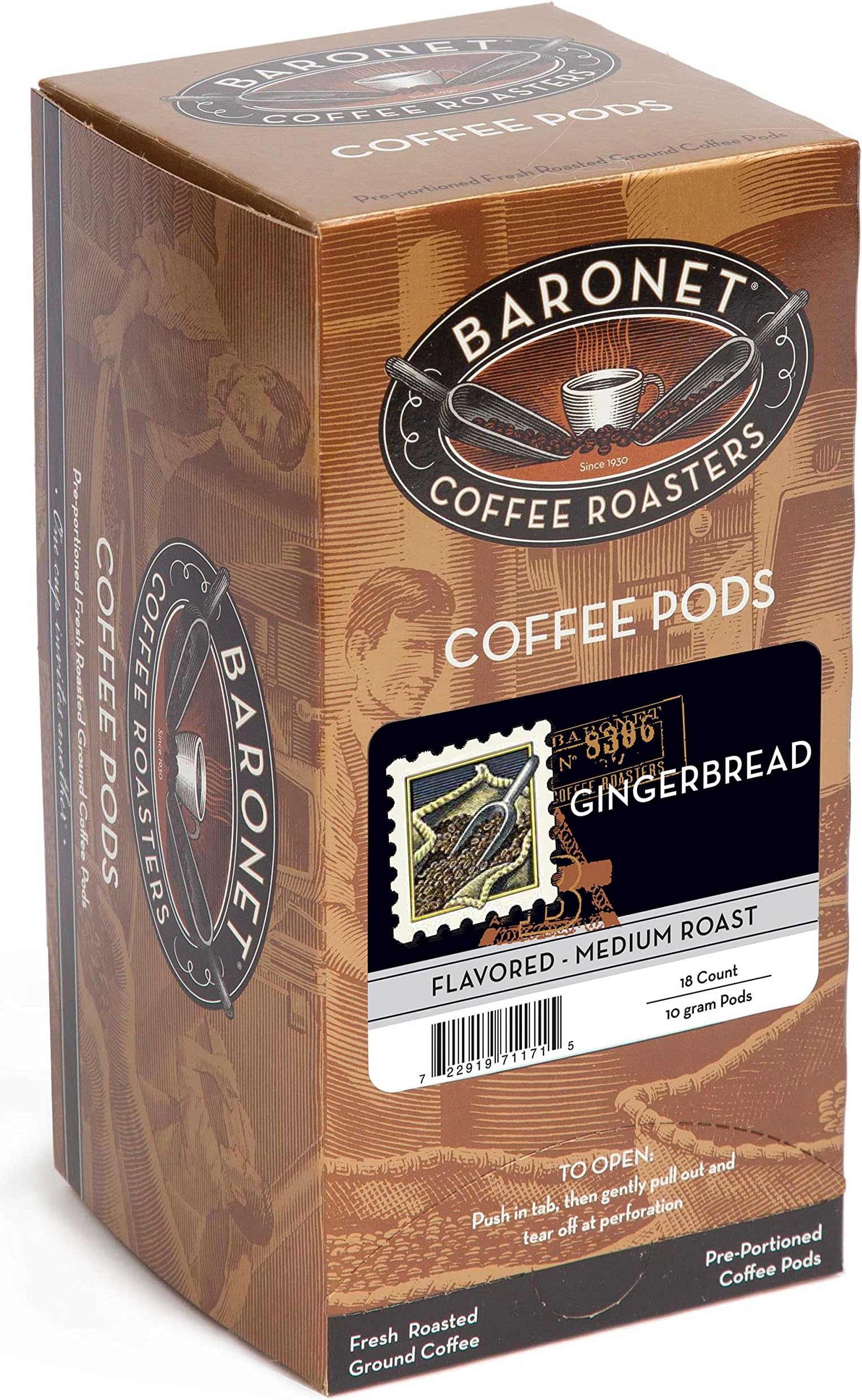 Baronet Coffee Pods [Gingerbread-54 Pods] Flavored Single Cup Use, Like Senseo Coffee Pods, [3 Boxes of 18 Single Serve 10 Gram Pads] Regular Strength Soft Coffee Pods, Medium Roast [Gingerbread]