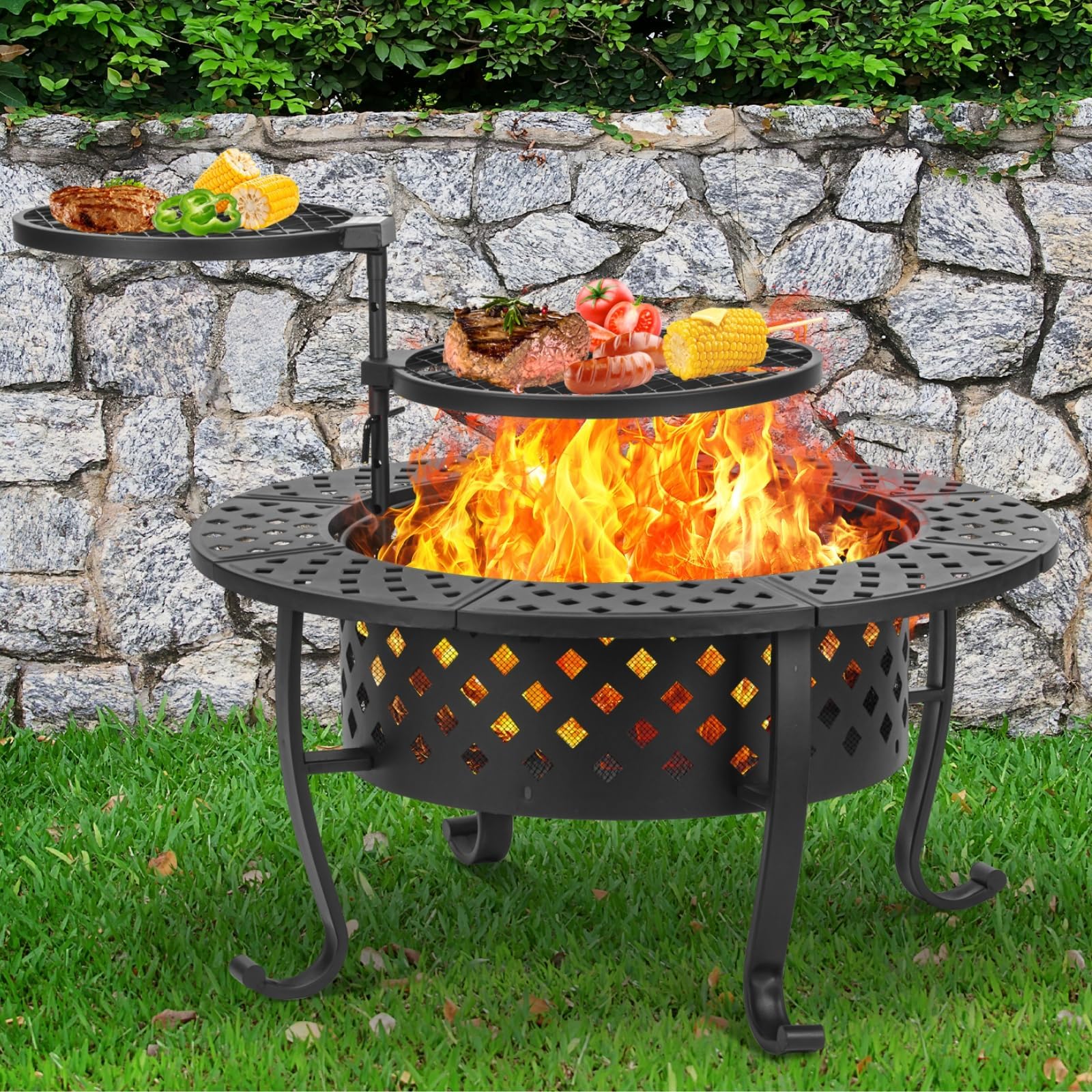 36 Inch Fire Pit with 2 BBQ Grills, Wood Burning Fire Pits for Outside with Lid & Fire Poker, BBQ& Outdoor Firepit & Round Metal Table 3 in 1 for Patio, Picnic, Party…