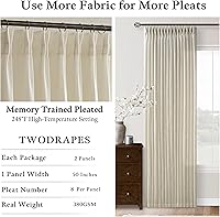 Vista 6 de Cortinas de lino plegadas de 108 pulgadas, juego de 2 paneles para sala de estar, dormitorio, estilo granja rústica, con pestaña trasera, plegadas