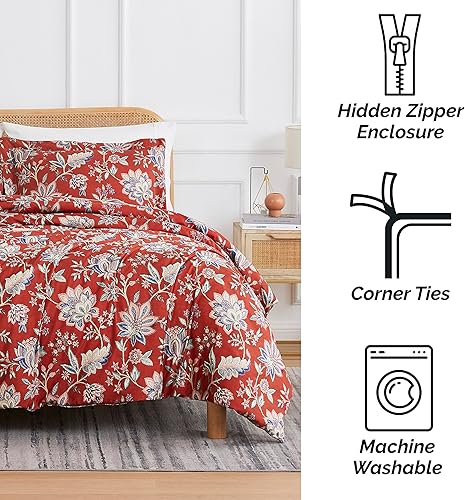 Miniatura 7 de Southshore Fine Living, Inc. Jacobean Willow Collection - Juego de funda de edredón tamaño individual, funda de edredón floral roja de 2 piezas con