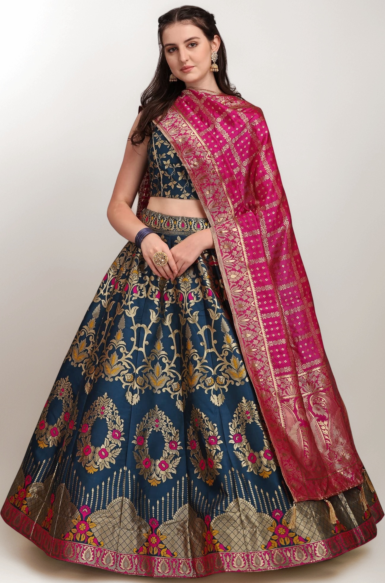 PURVAJA Women's Jacquard Semi-Stitched Lehenga choli