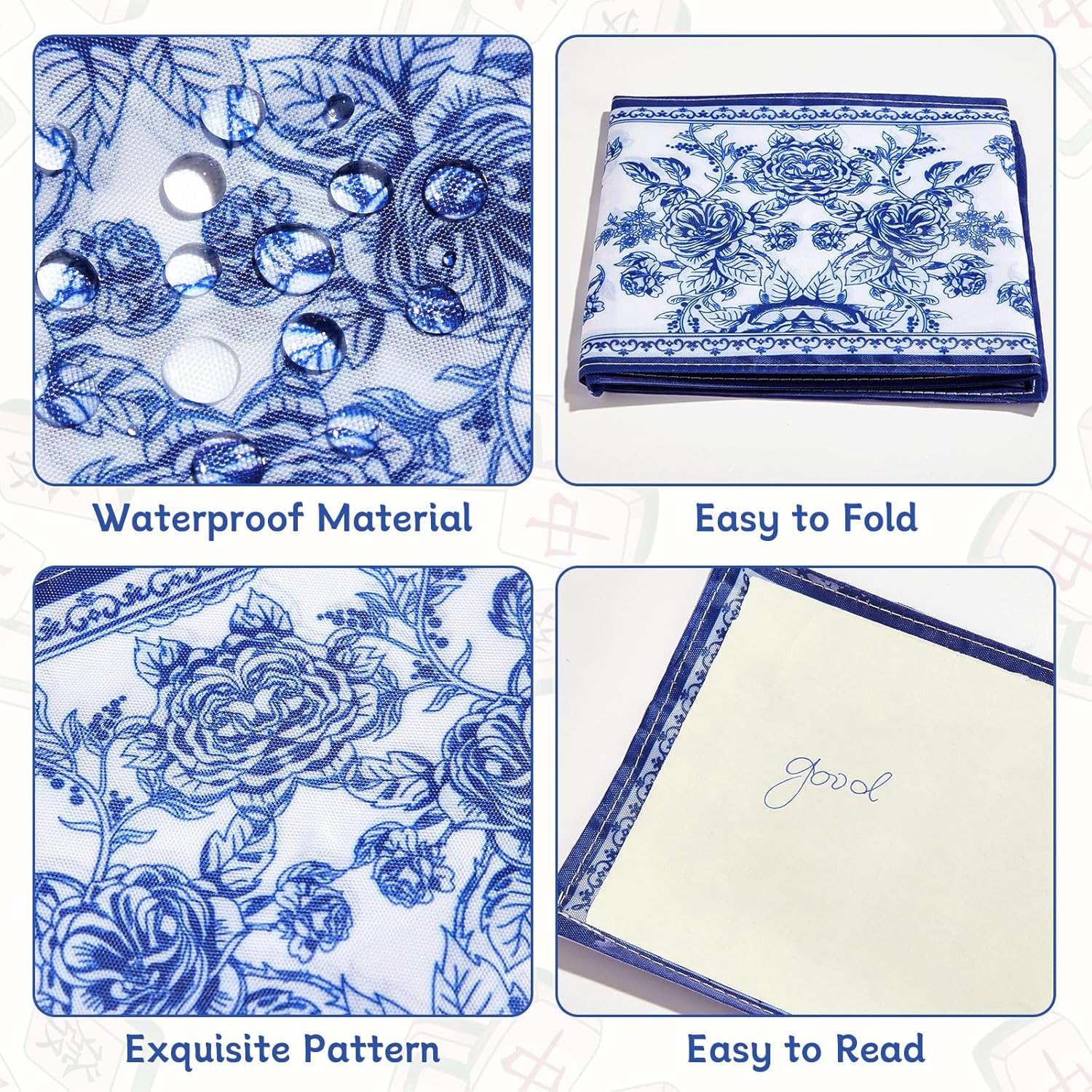 4 Pack Chinoiserie Mahjong Card Holder Fit Large Print Size(6 1/8”x4 3/4”) Blue Chinoiserie Print Mahjong Card Sleeve Fabric Plastic Soft Scorecard Cover Mahjongg Card Protector Set Gifts