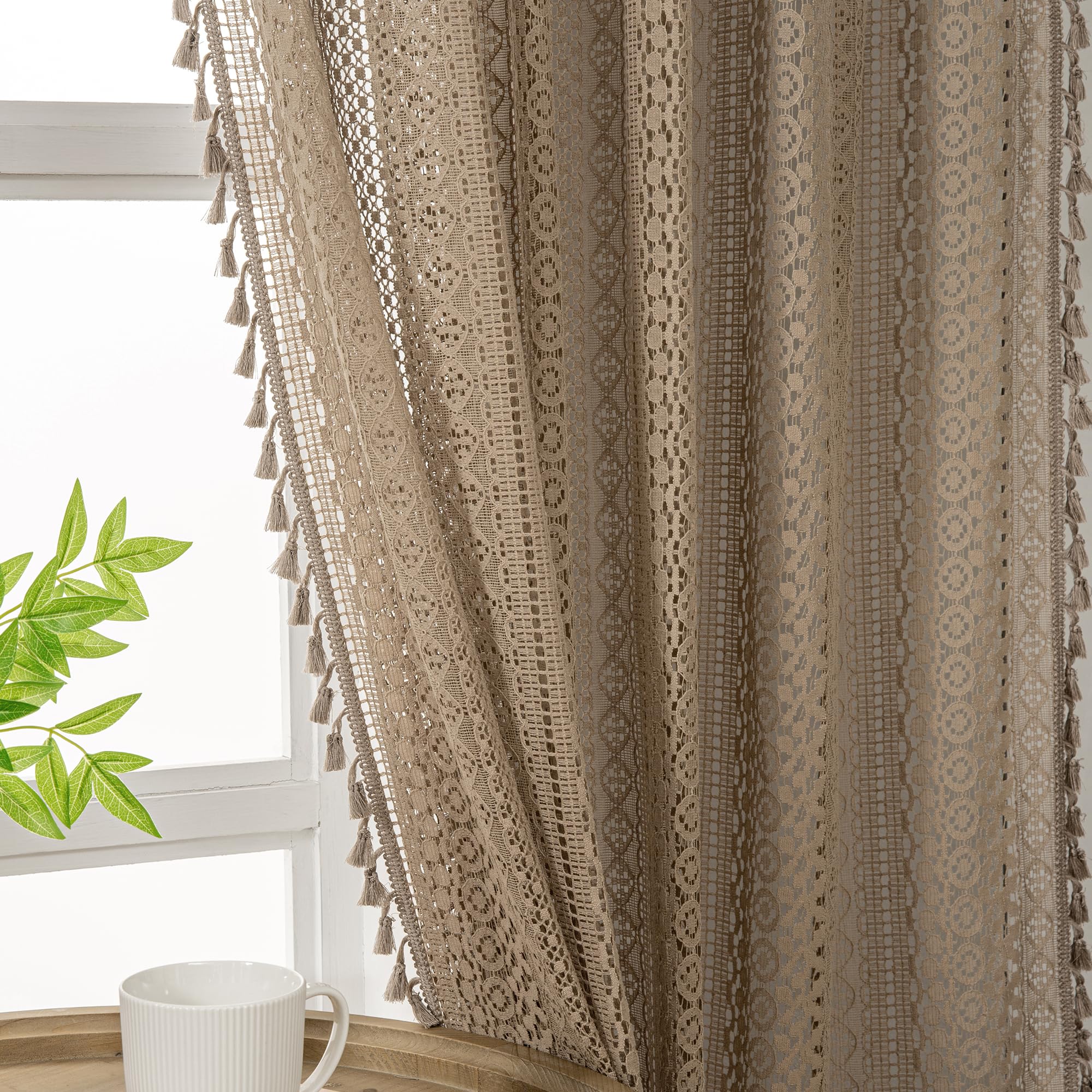 WAZZIO Boho 2 Panel Semi Sheer Crochet Lace Curtains - 72 Inch Length, Tan Beige, Light Filtering Privacy Window Drapes for Bedroom, Living Room, Kitchen, Farmhouse — image 1