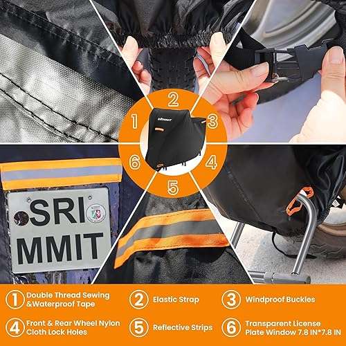 Miniatura 4 de Funda para motocicleta resistente, cubierta de motocicleta 420D, sol, protección impermeable al aire libre, con ventana de matrícula, 4 tiras