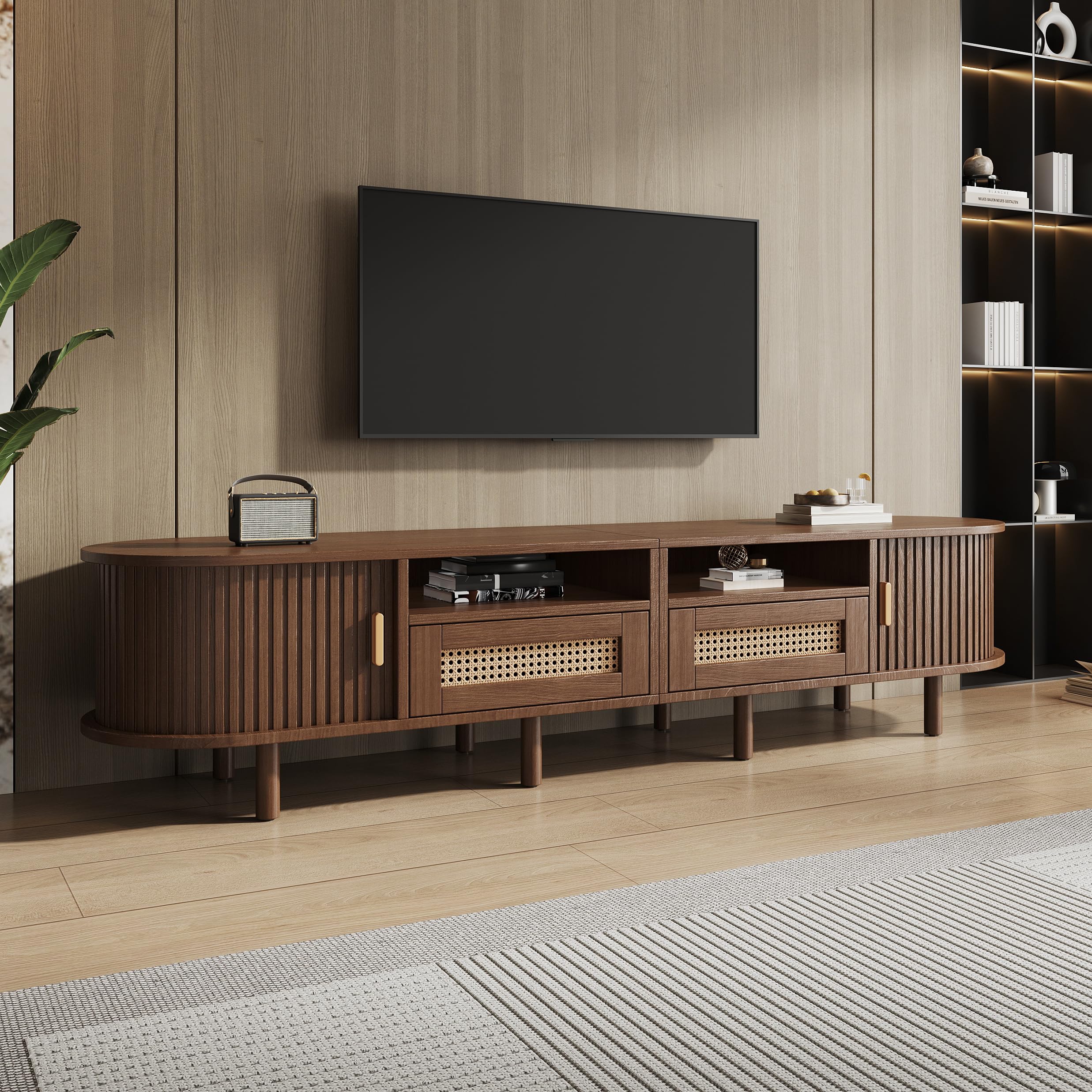 ModernLuxe Mobile TV Ovale e Tavolo TV per 70 Pollici, con 2 Cassetti in Rattan, 2 Ante Scorrevoli, Credenza Bassa, 170 * 40 * 40 cm Color Noce