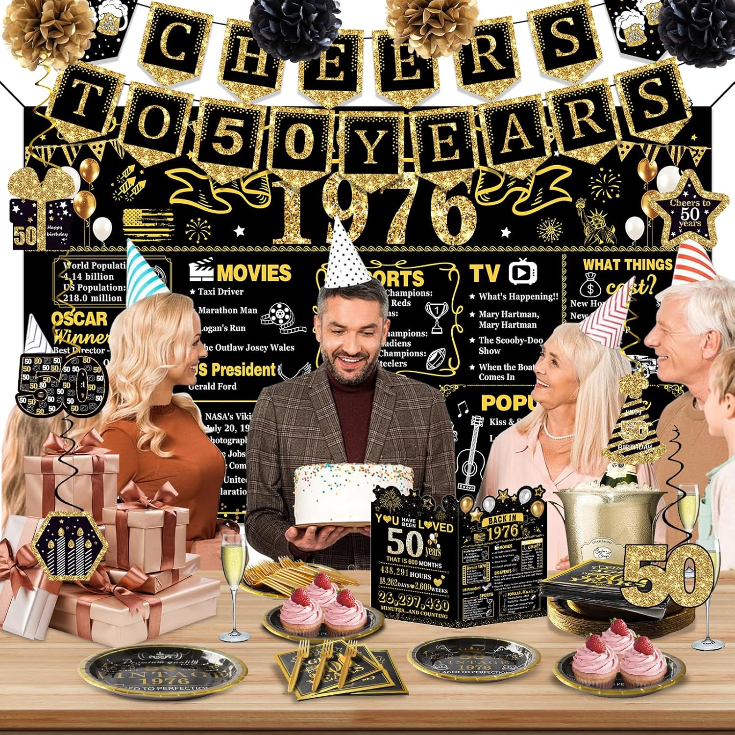 50th Birthday Decorations for Men Women, 103 PCS Back in 1976 Decorations, Vintage 50th Birthday Party Tableware Set for men,Backdrops,Card, banner, paper Poms,Hanging Swirl, Tableware for 24 Guests