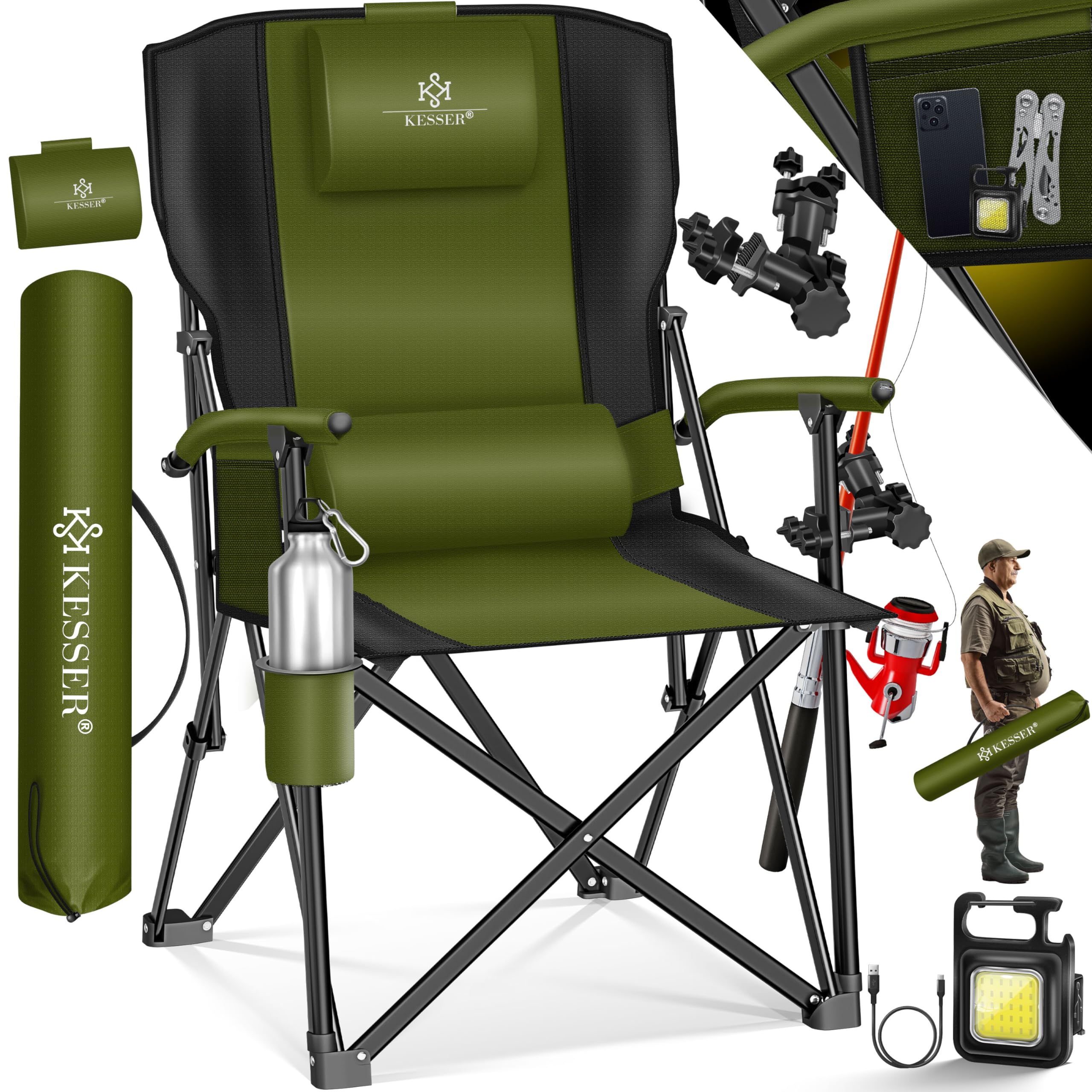 KESSER® Sedia da Campeggio Pieghevole Fino a 160 kg, Imbottita con Braccioli, Luce da Campeggio, Portabicchieri, Borsa con Schienale Alto, con Porta Canne da Pesca, Khaki/Nero