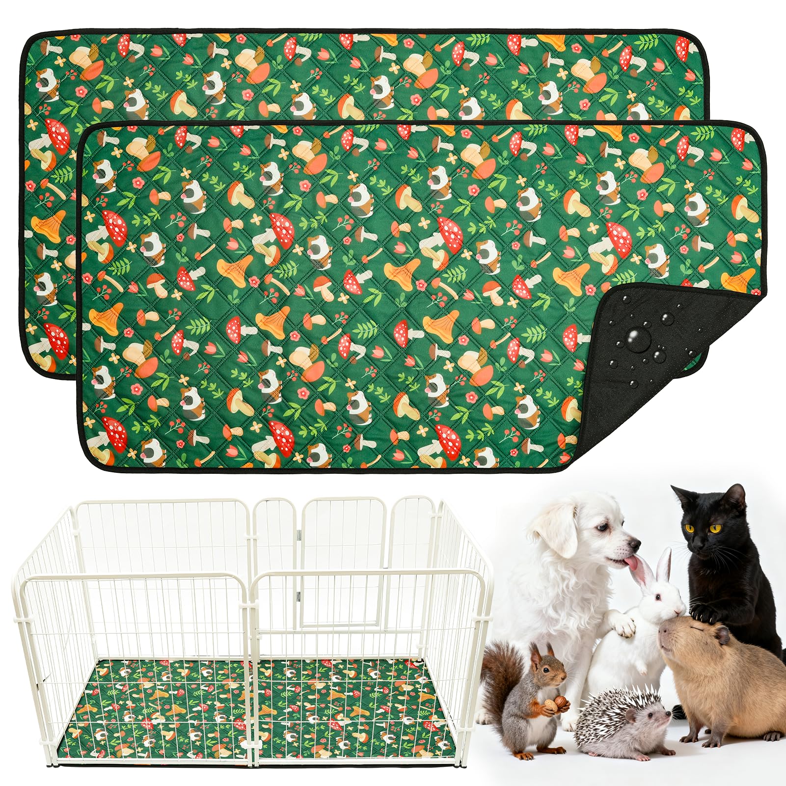 HOZKUY 2-Pack Guinea Pig Cage Liners & Bedding 24"x48"- Fast-Absorbing, Washable & Reusable, Leakproof Pee Pads and Mat with Odor Control & Non-Slip Bottom for Rabbits, Hamsters & All Small Animals