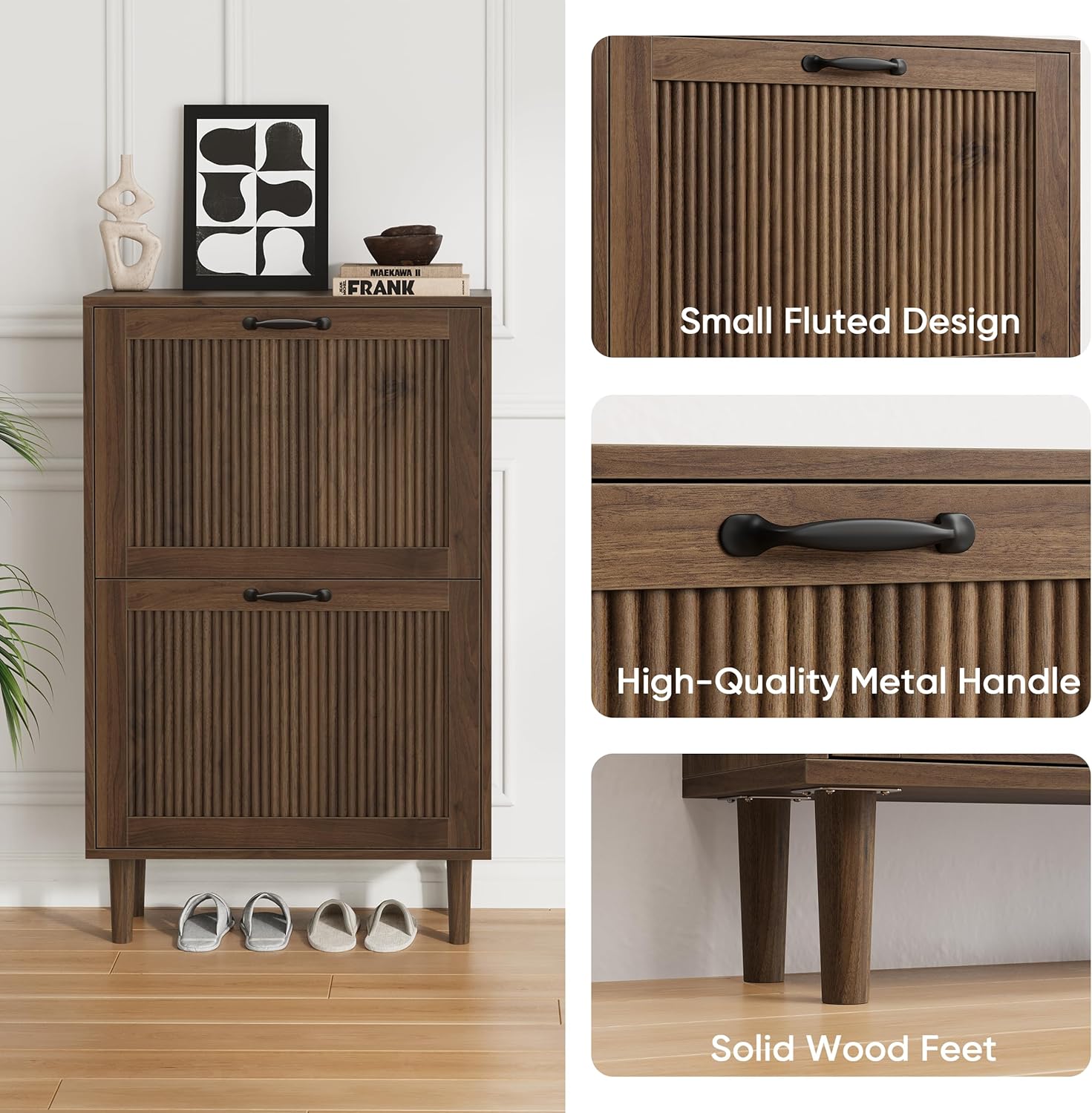 Smuxee Walnut Shoe Cabinet with 2 Flip Drawers, 23.6" Hidden Shoe Storage Cabinet with Small Fluted Doors, Freestanding Shoe Organizer Cabinet for Entryway, Hallway, Living Room