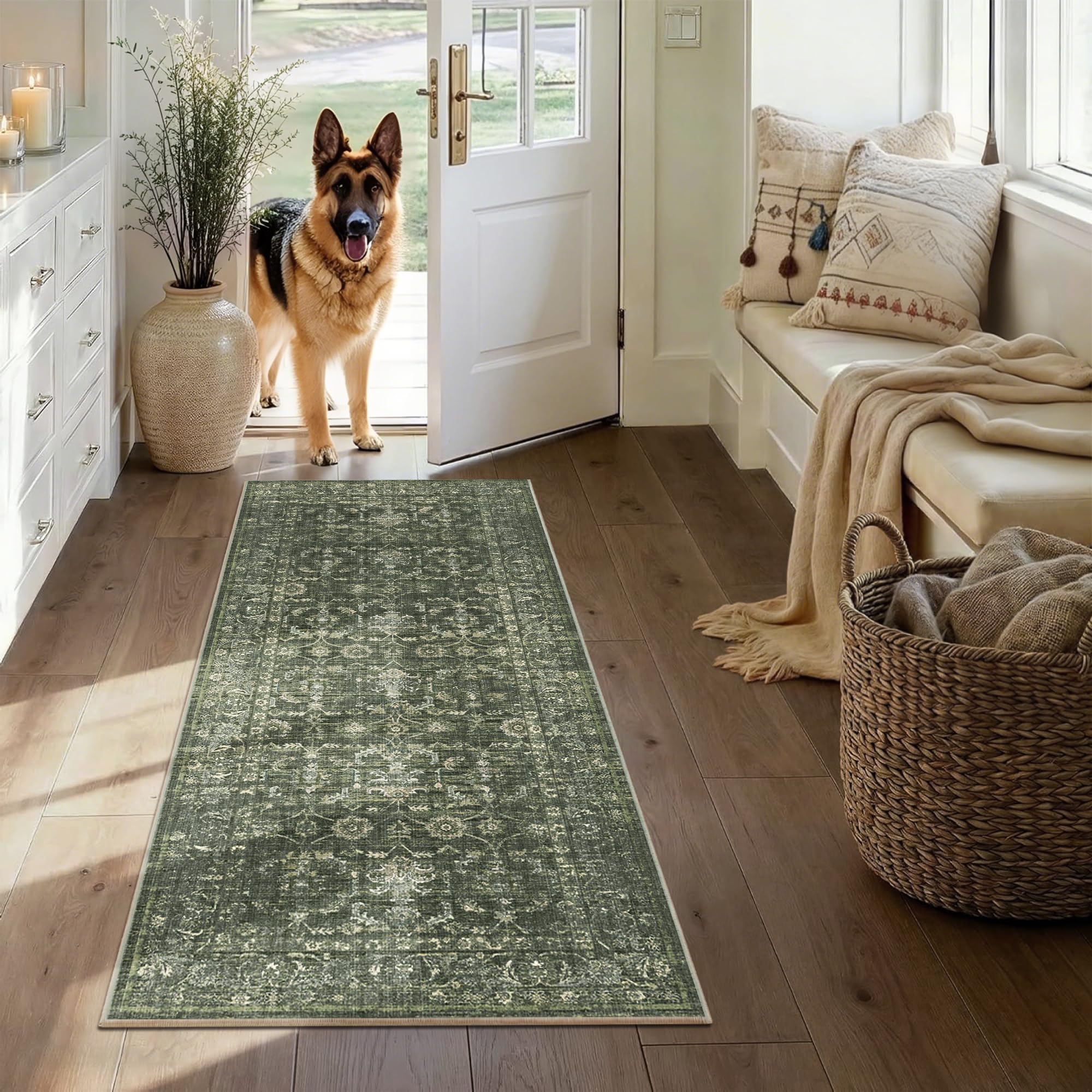 DUIDY Dark Green Persian Boho Runner Rug