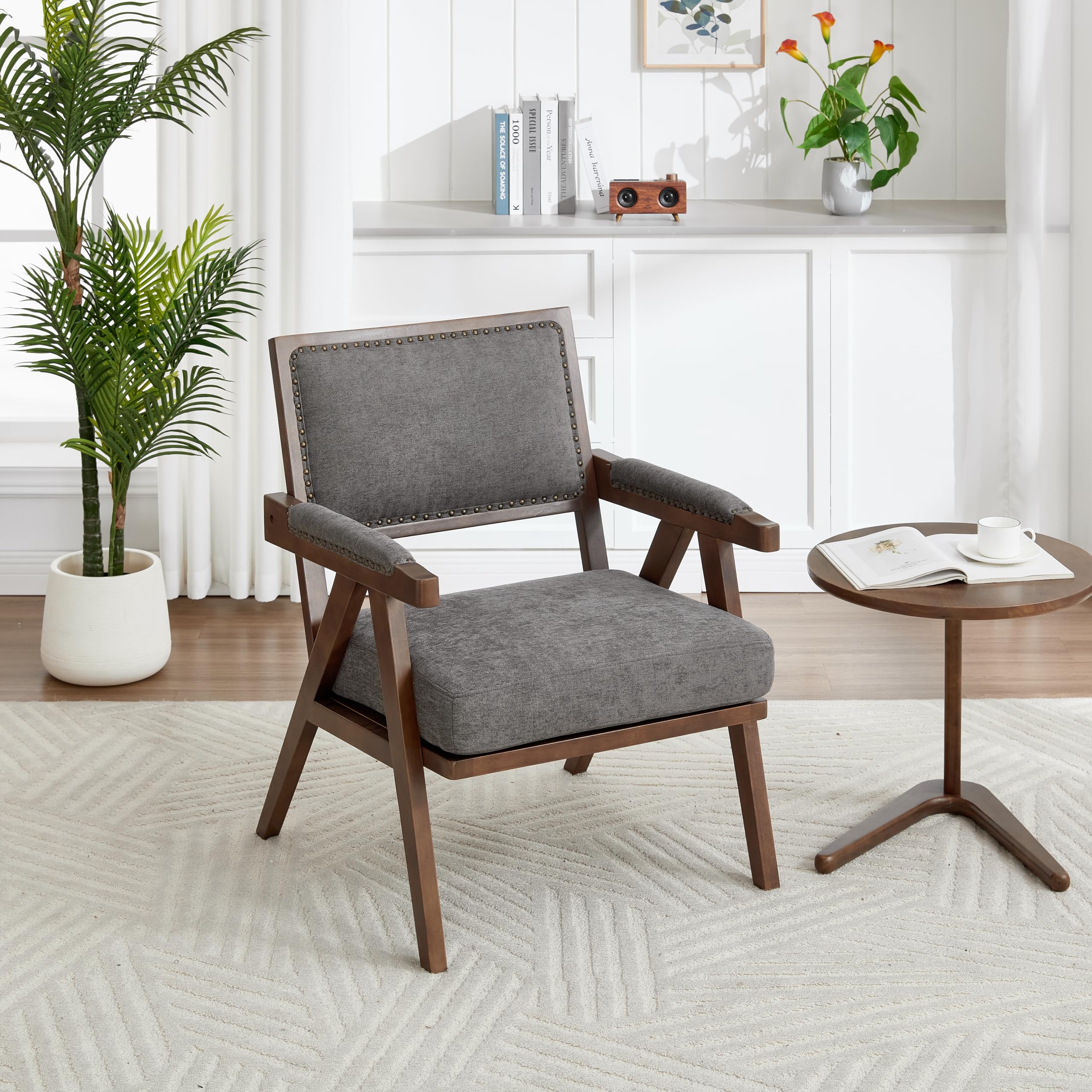 Lexiou Mid-Century - Sillón individual de tela con reposabrazos, marco de madera acolchado, para salón, dormitorio, estudio, oficina, decoración (gris)