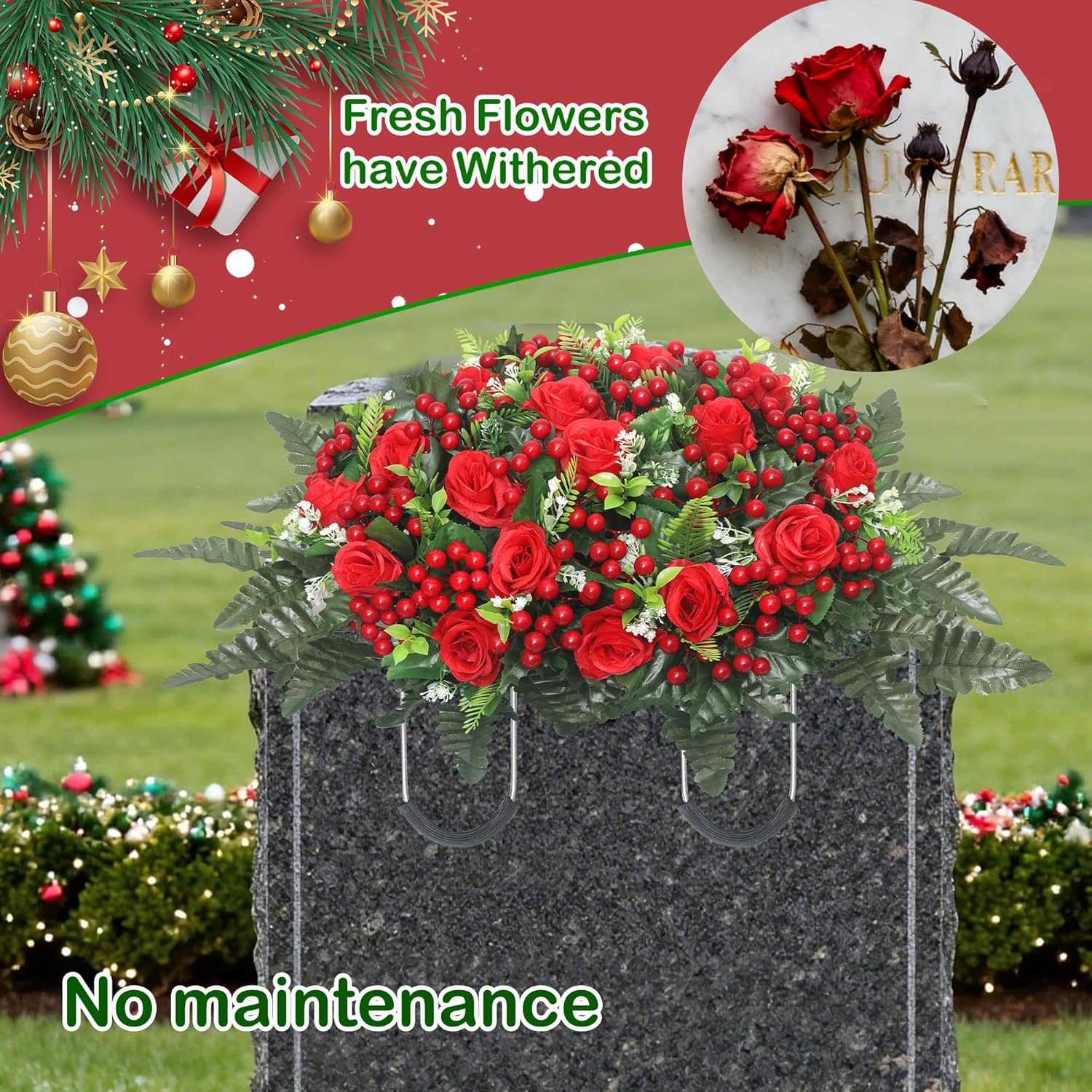 Christmas Artificial Cemetery Flowers,Artificial Cemetery Flowers Saddle for Outdoor Gravesite Tombstone Decorations,Roses and Artificial Red Berries Stems Ornaments