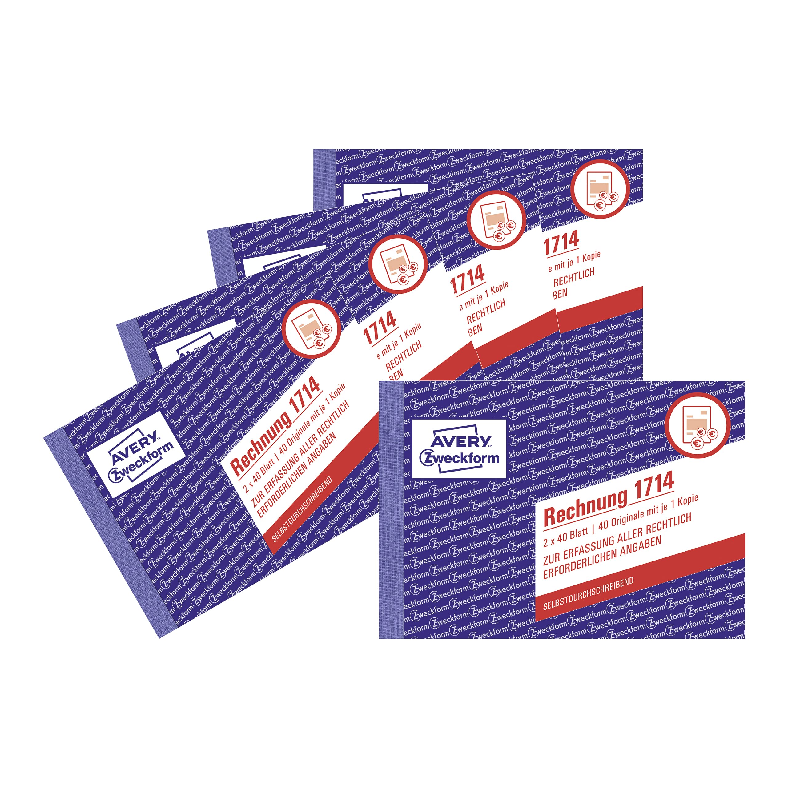 AVERY Zweckform 1714-5 Invoice (A6 Landscape, 2 x 40 Sheets, Self-Copying with Coloured Copy, with Net and Gross Amount, VAT etc. Especially for Austria) Pack of 5, White/Yellow, Blue