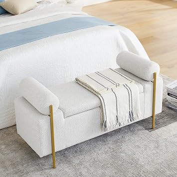 Tomkate 44" End of Bed Storage Bench, Upholstered Velvet Ottoman with Cylindrical Arms, Rolled Arm Window Bench Seat, Iron Legs for Bedroom or Living Room, White