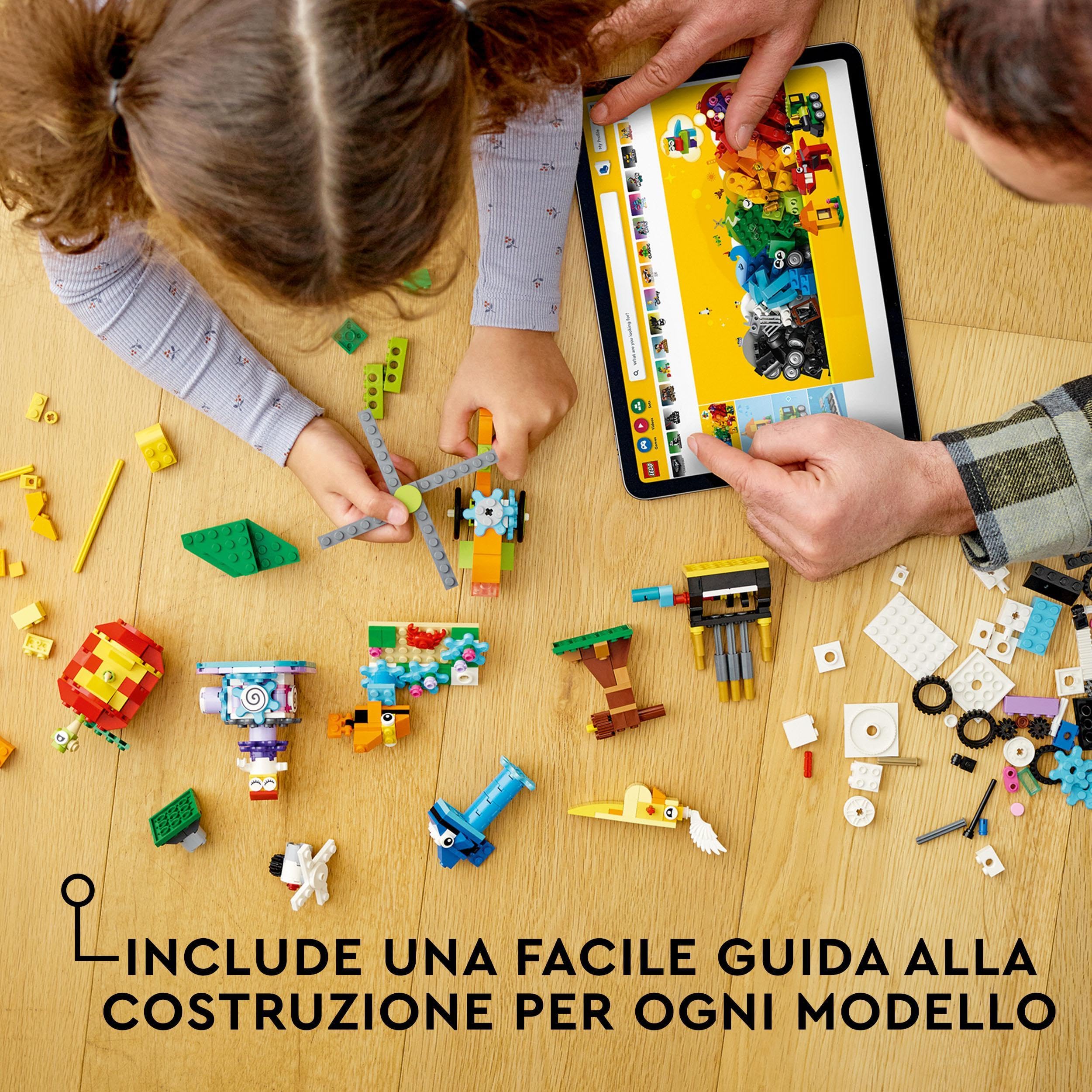 LEGO Classic Mattoncini e Funzioni, Idee Creatie per Costruire 7 Mini Modellini con Meccanismi e Ingranaggi, come una Ballerina, una Mela o un Elicottero Giocattolo, Giochi per Bambini e Bambine 11019