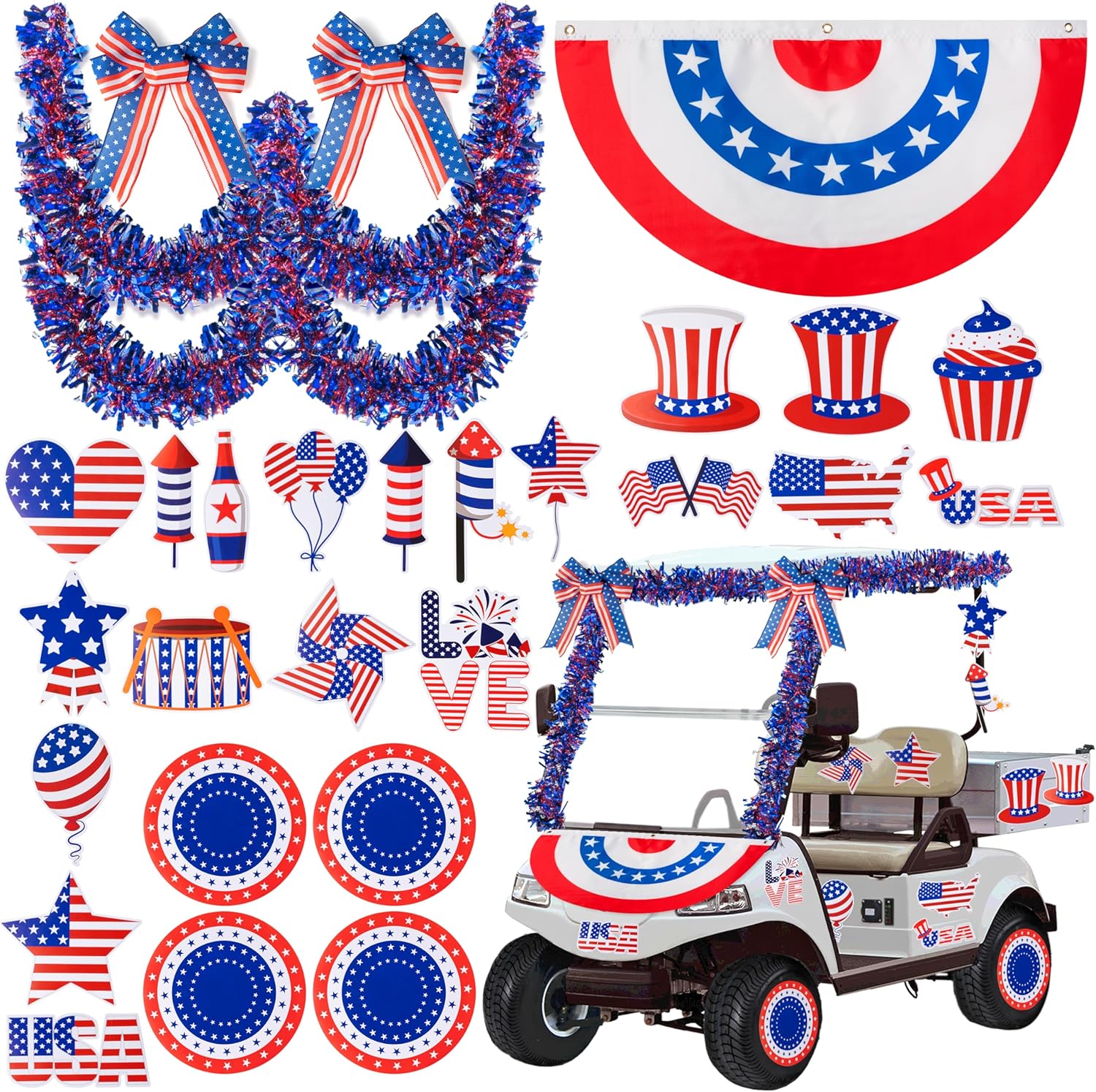 R HORSE 32Pcs 4th of July Parade Golf Cart Decoration Kit, American Pleated Fan Flag Independence Day Patriotic Wreath Bow Red White Blue Garland Waterproof Stickers Decor Memorial Day Party Supplies
