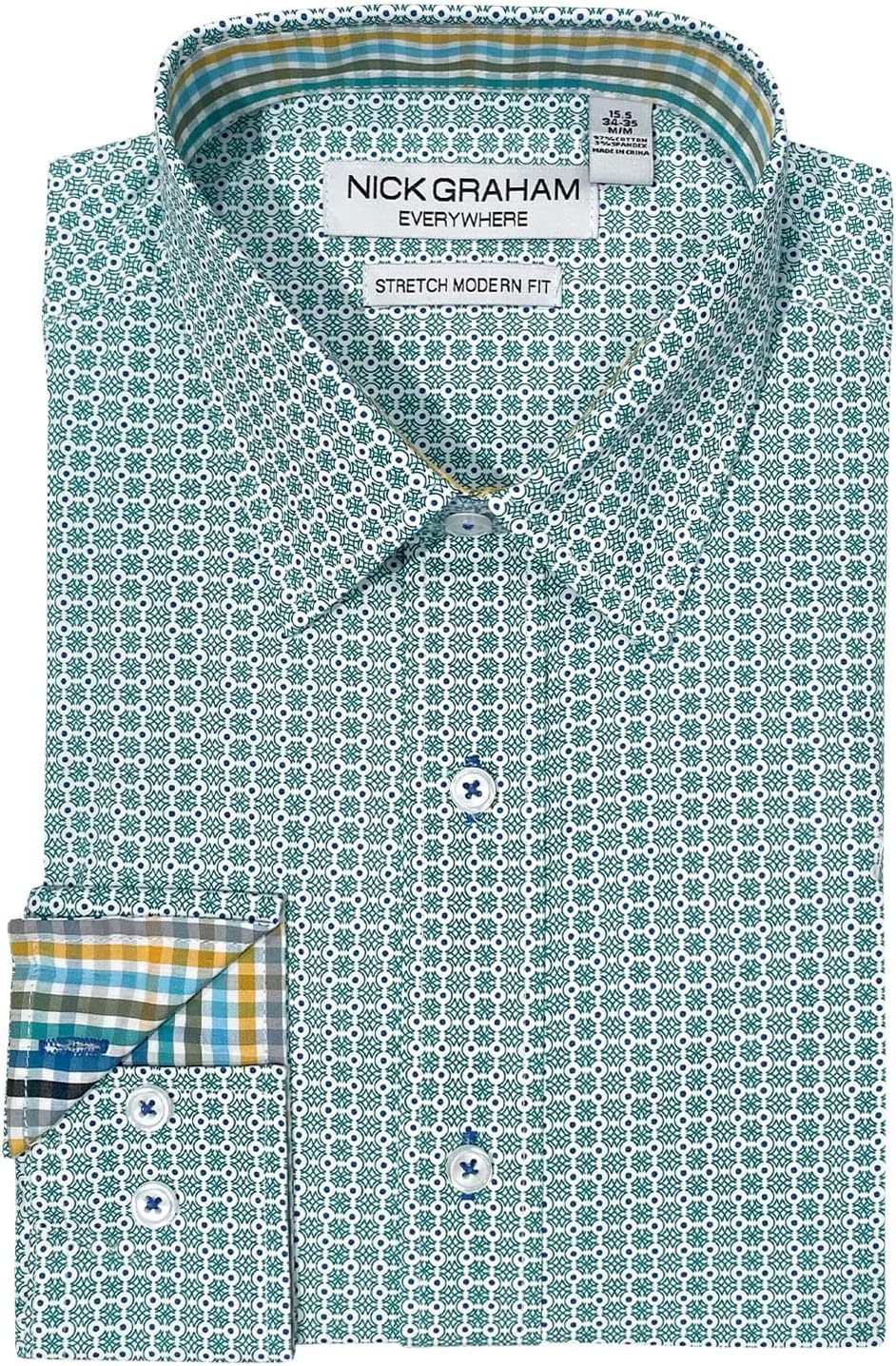 Nick Graham Long Sleeve Overlapping Circles Dress Shirt for Men, Wrinkle Free Men’s Dress Shirt with Performance Fabric