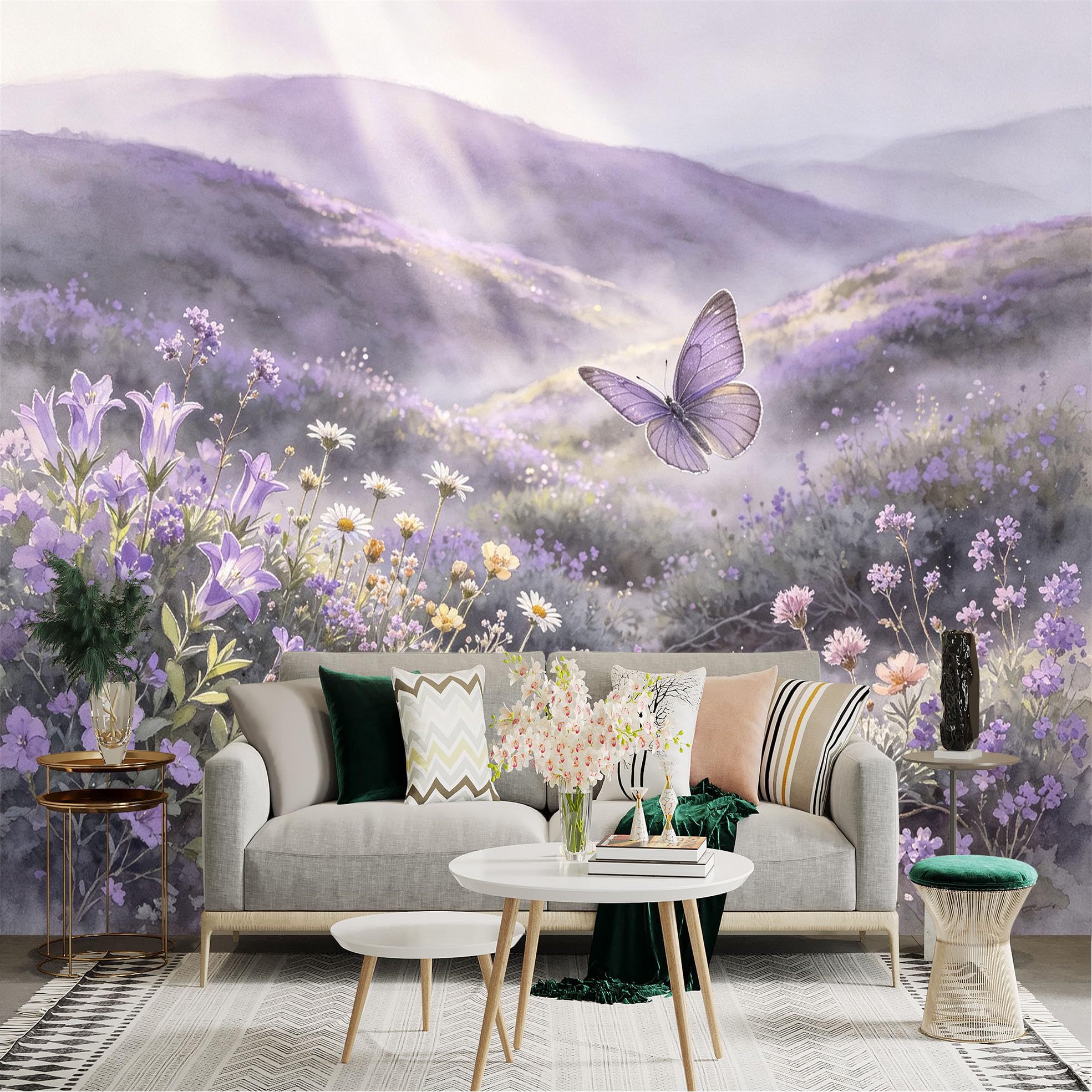 Lnzczhyre Bh260719288 Custom Size Wall Sticker Mural， Flying Purple Butterfly， Wildflower Meadow， Misty Hills， Soft Morning Light， Botanical Aesthetic， For Wall Decoration， Peelandstick Wall Decals.