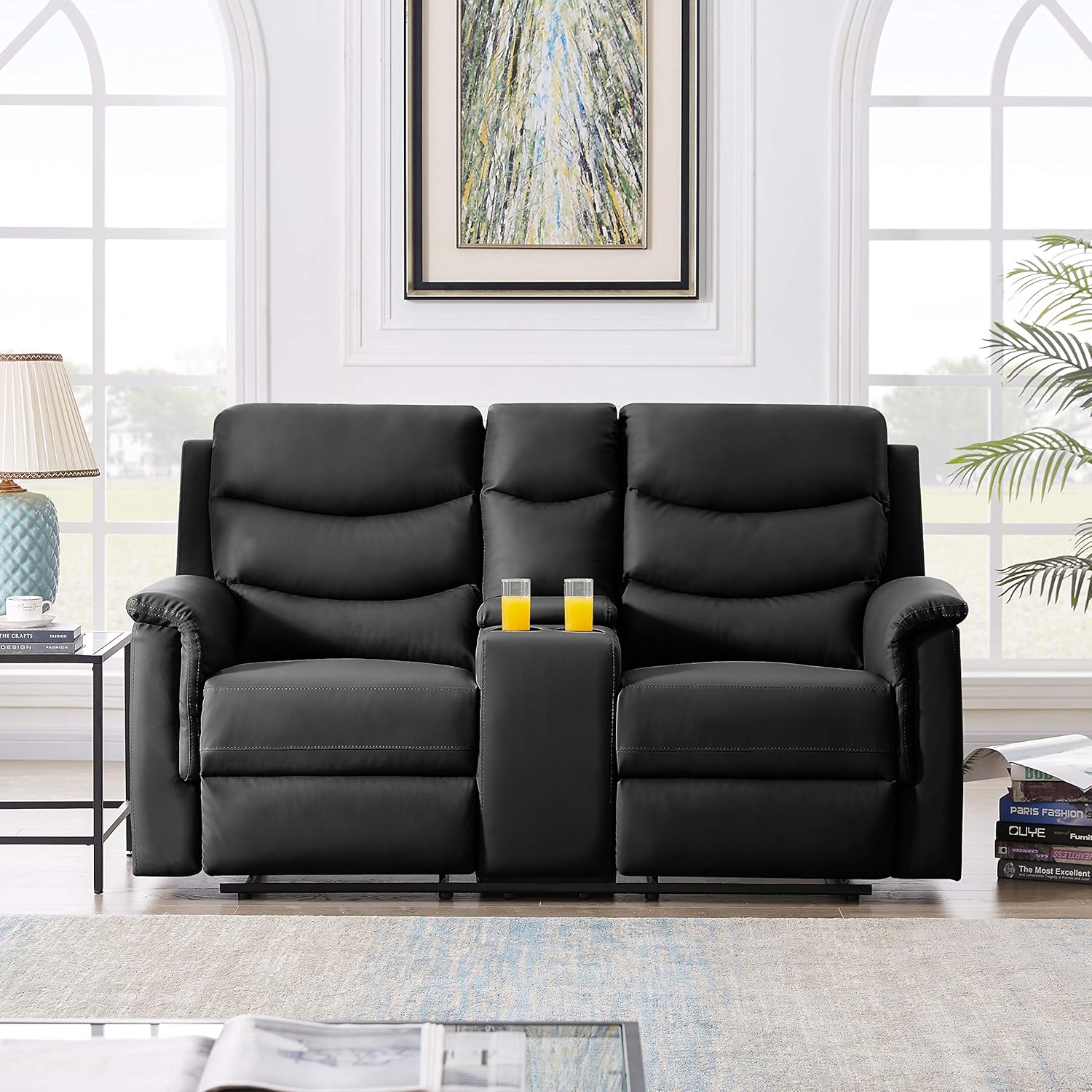 Sofa PU Leather Recliner Loveseat with Console Slate, Cup Holder, Double Recliner 2-Seater for Living Room Theater Seating Rv Furniture, (Black)…