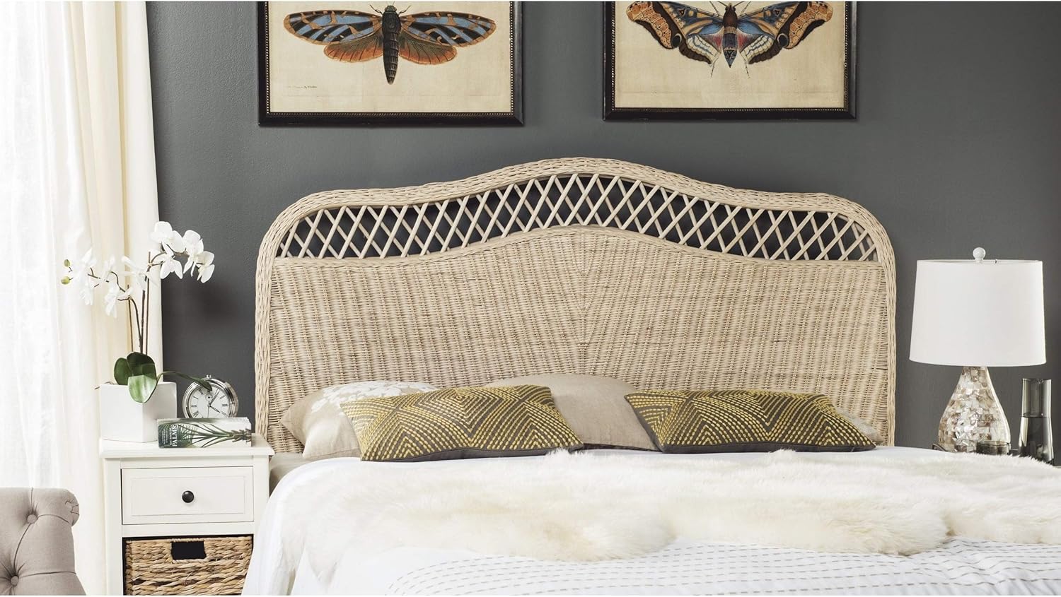 White Washed Rattan Headboard (Queen) Modern Contemporary Nautical Coastal Transitional Wicker-Rattan Wood