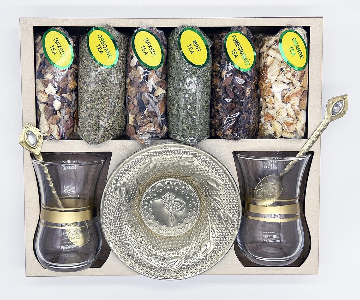 Turkish Herbal Tea Gift Set for Two in Wooden Box and Pomegranate