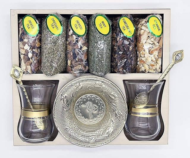 Turkish Herbal Tea Gift Set for Two in Wooden Box and Pomegranate Orange Mint Oregano Mixed Traditional Oriental Cups Saucers and Spoons Bitki Cayi UK