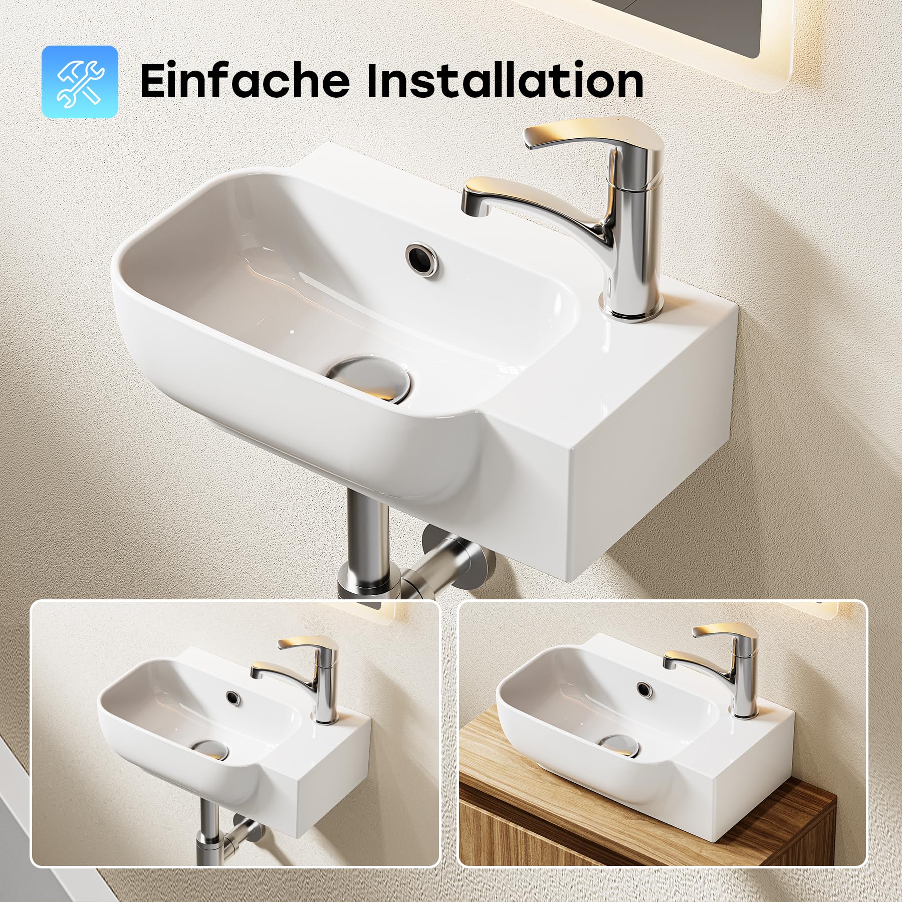 HOROW Eck Waschbecken Klein 40 × 25 cm hart kratzfest für Gäste-WC | Keramik Aufsatzwaschbecken mit Hahnloch & Überlauf, Waschschalen DIN-Norm, Einfache Wandmontage & Aufsatzmontage Modernes Bad