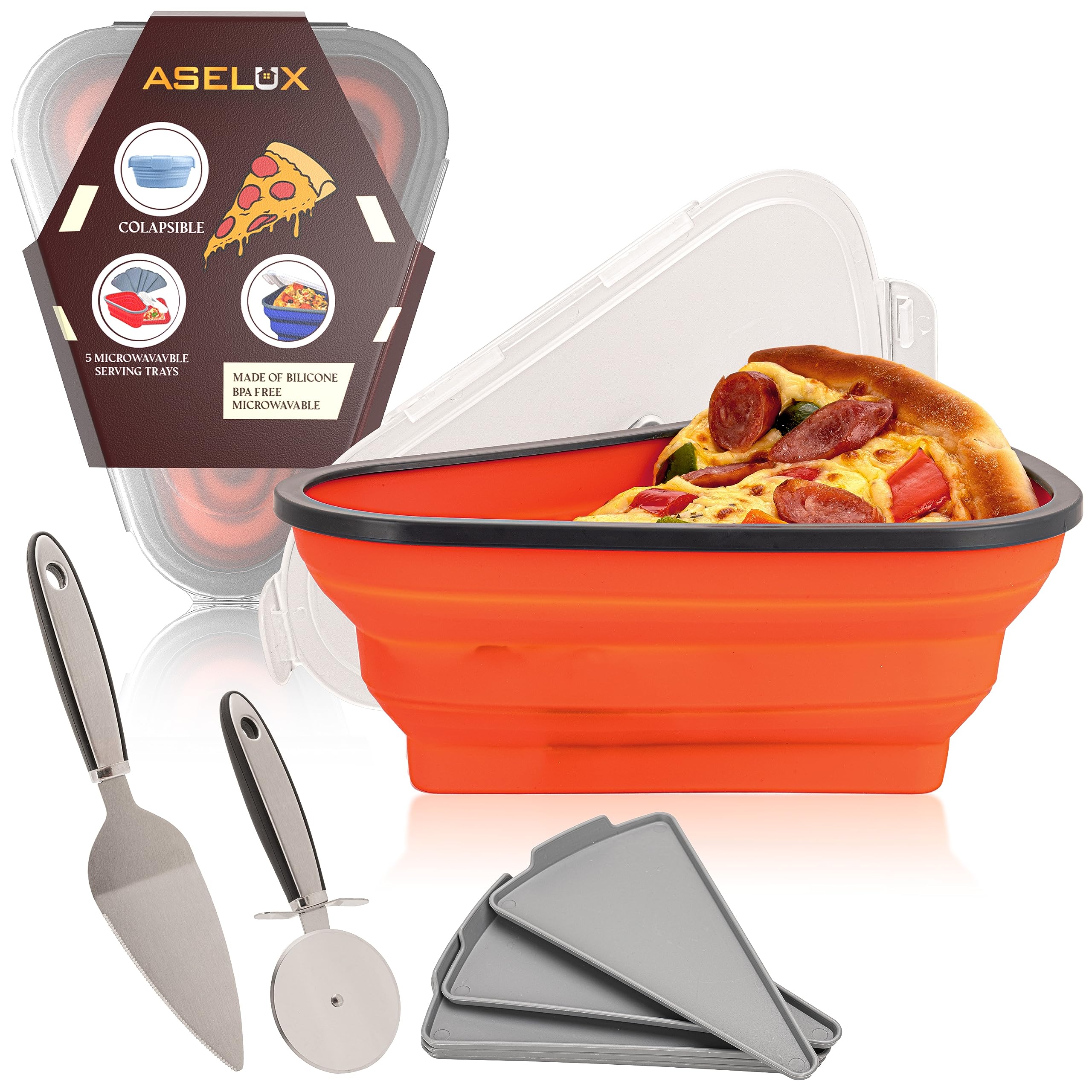 ASELUX Pizza Storage Container Collapsible - 5 Pcs Heating Tray Pizza Knife, Shovel Pizza Slice Set Organizing, Pizza Plates, Silicone Pizza Box (Orange)