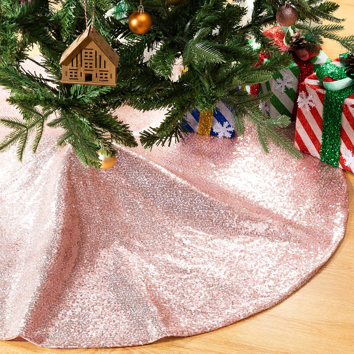 HBlife Christmas Tree Skirt 48 Inches Rose Gold Sequins Tree Skirt Sparkle Tree Mat for Holiday Party Christmas Tree Decorations