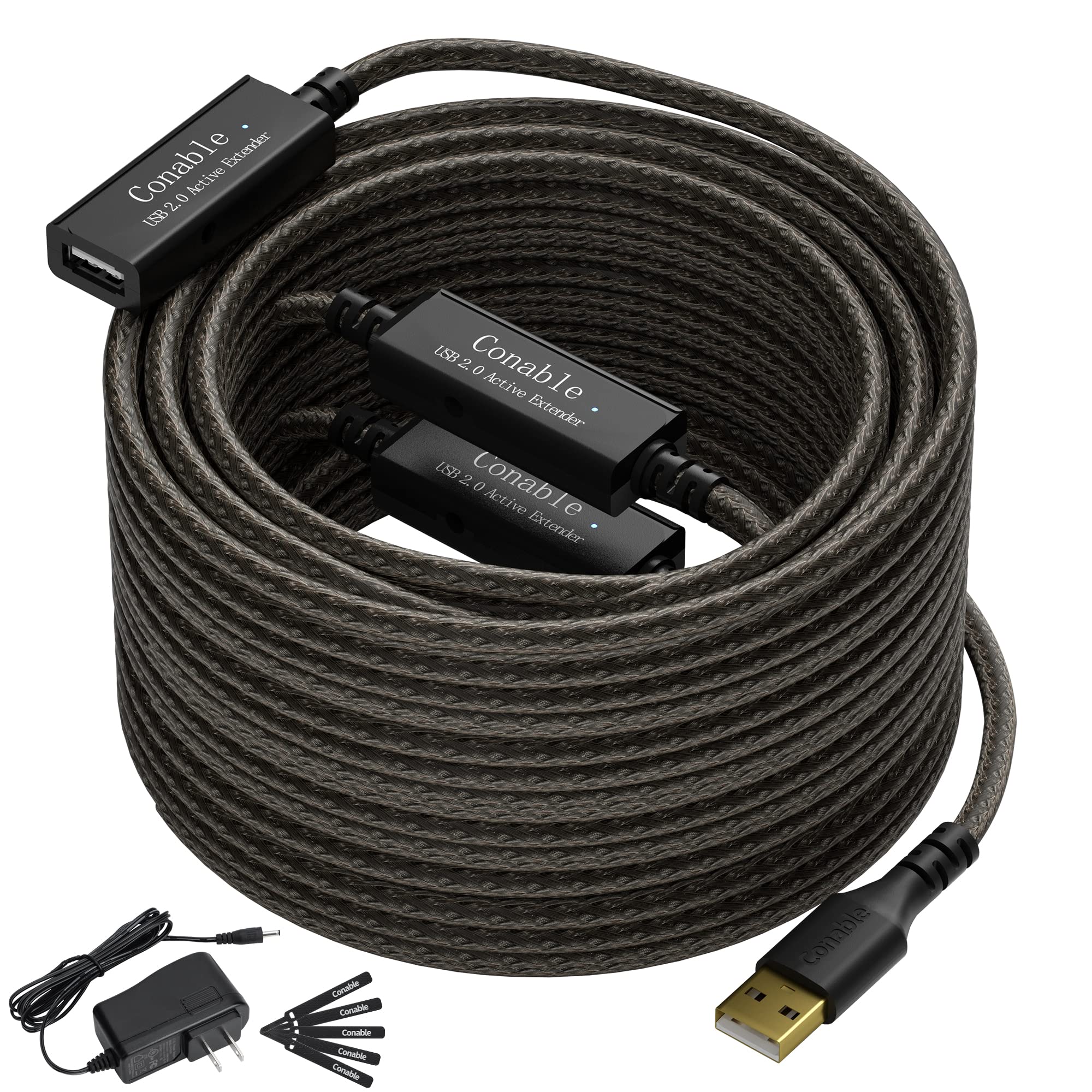 Długi, aktywny przedłużacz USB, 45,8 m, 22 AWG, wtyczka USB 2.0 typu A na gniazdo, kabel z 3 chipami przedłużającymi, wzmacniacz sygnału, 5 opasek kablowych, 45,7 m