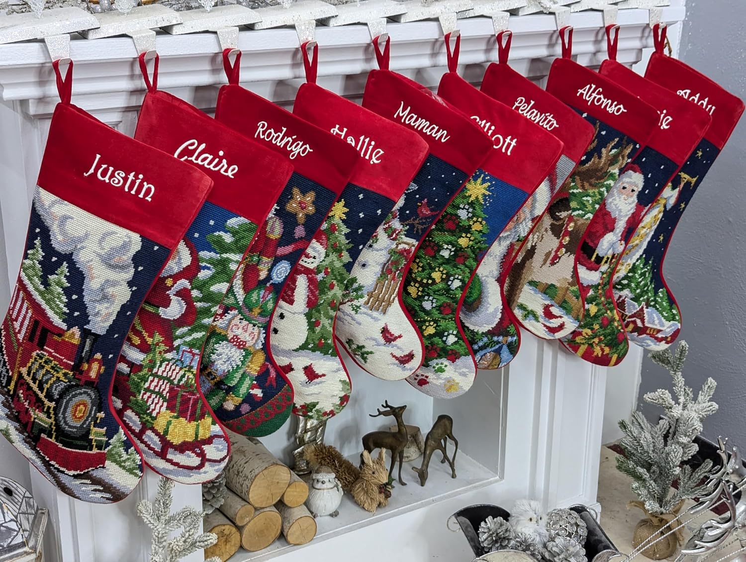 Santa on Chimney Needlepoint Christmas Stocking - Finished Wool Needle Point Family Holiday Keepsake Décor