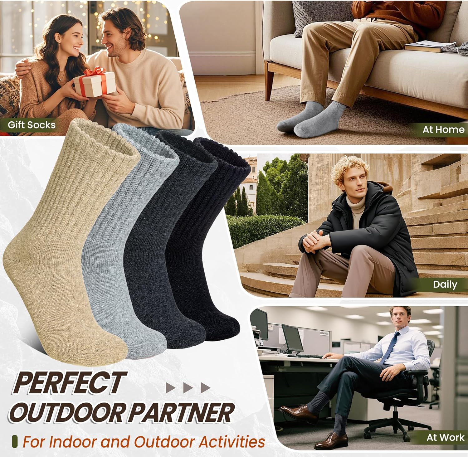 Eyean Men Merino Wool Socks Thermal Hiking Winter Ski Warm Thick Cozy Boot Socks 4 Pairs - Image 6